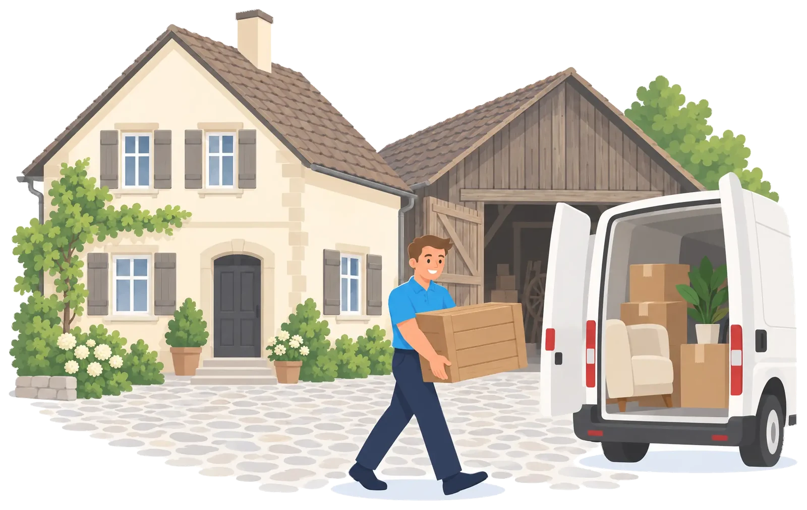 Illustration: Dorfkern mit Bauernhaus und Scheune mit offenem Tor, Transporter, Mitarbeiter trägt Kiste
