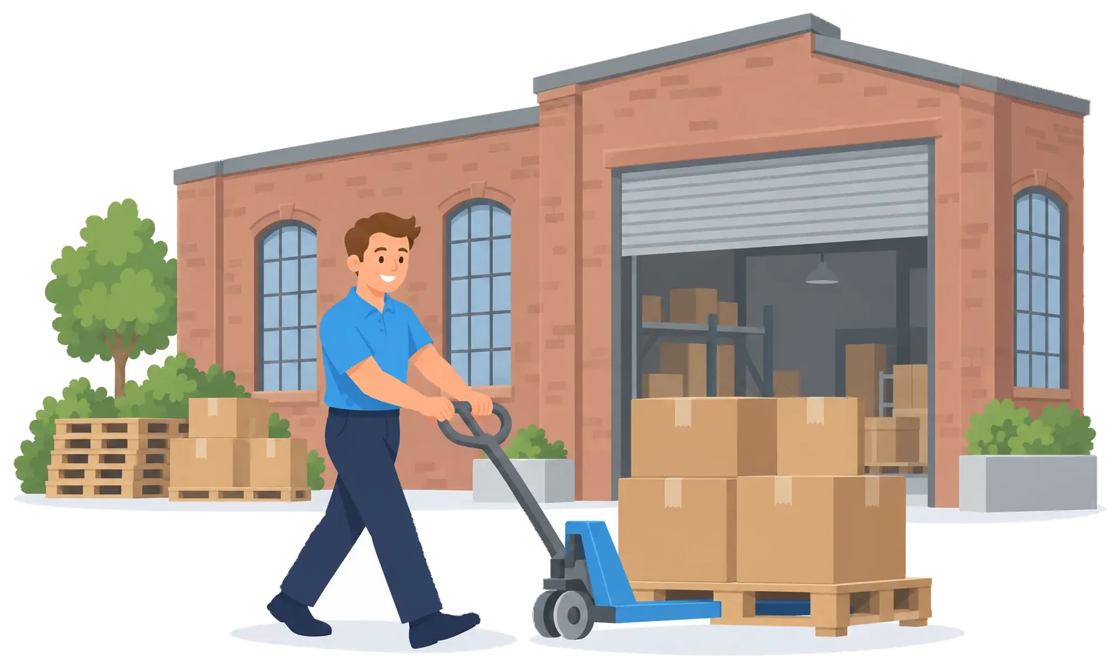 Illustration: Gewerbehof mit Backsteinhalle und Rolltor, Mitarbeiter mit Hubwagen