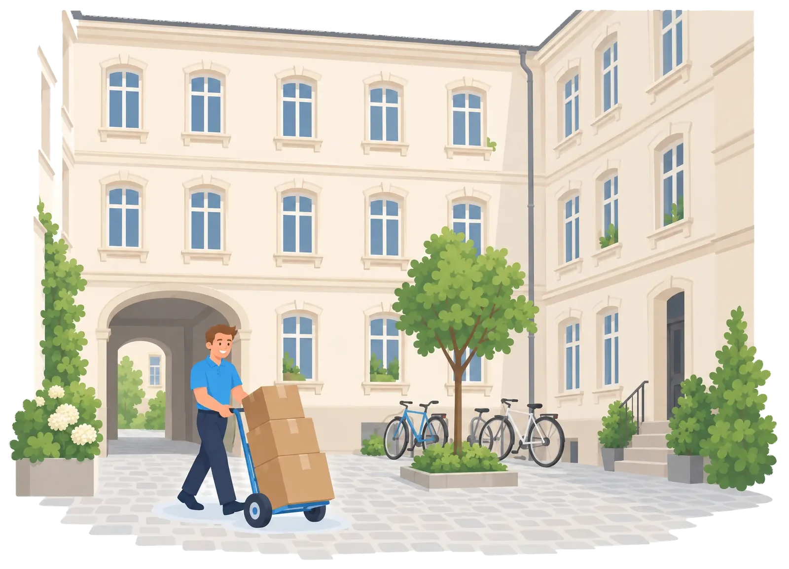 Illustration: Gründerzeit-Hinterhof mit Seitenflügel und Hofdurchfahrt, Mitarbeiter mit Sackkarre