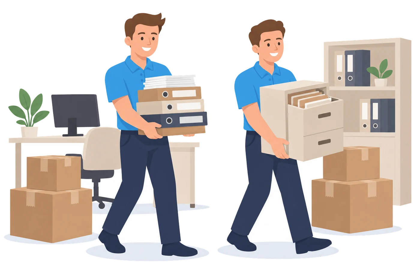 Illustration: Zwei Mitarbeiter im blauen Polo tragen Aktenordner und einen Rollcontainer aus einem Büro, dahinter Schreibtisch und Regal