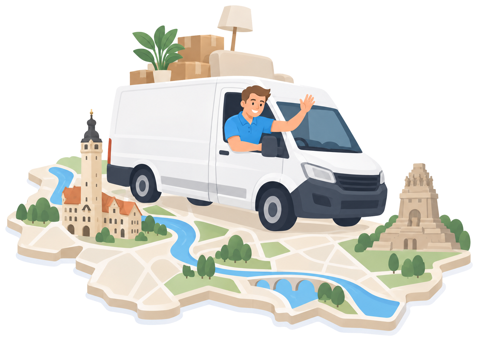 Illustration: Weißer Transporter fährt über eine stilisierte Leipzig-Karte mit Völkerschlachtdenkmal