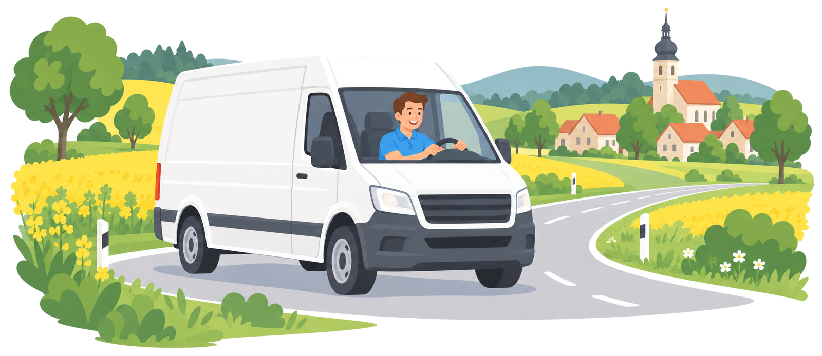 Illustration: Transporter auf Landstraße zwischen Feldern, Kirchturm eines Dorfs