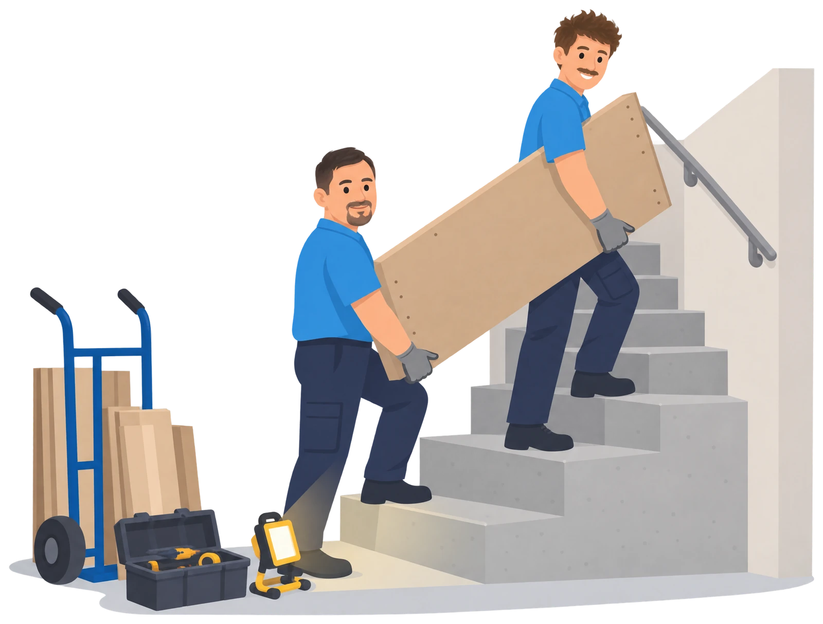 Illustration: Zwei Mitarbeiter im blauen Polo tragen ein Schrankteil eine enge Kellertreppe hinauf, unten stehen Sackkarre, Werkzeugkiste und Baustrahler