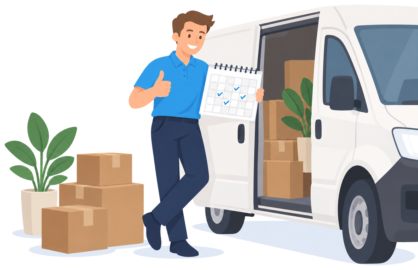 Illustration: Mitarbeiter am Transporter zeigt einen Kalender mit freien Terminen