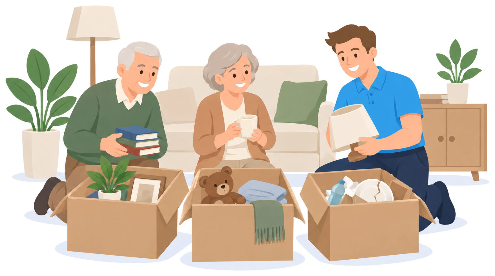 Illustration: Ehepaar sortiert mit einem Mitarbeiter in drei Kisten: behalten, verschenken, entsorgen