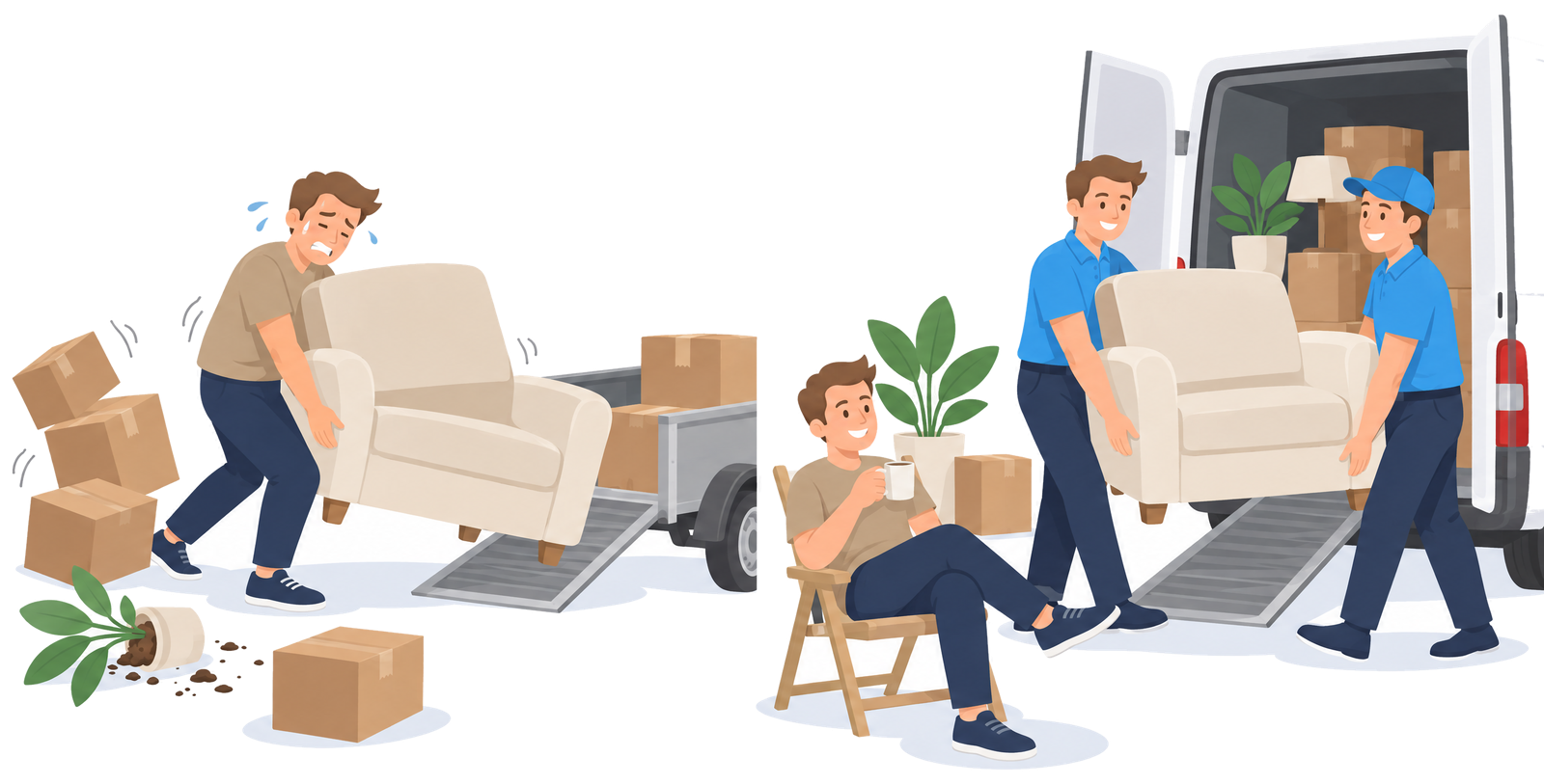 Illustration: Links Selbermachen mit Anhänger, rechts zwei Mitarbeiter tragen den Sessel zum Transporter