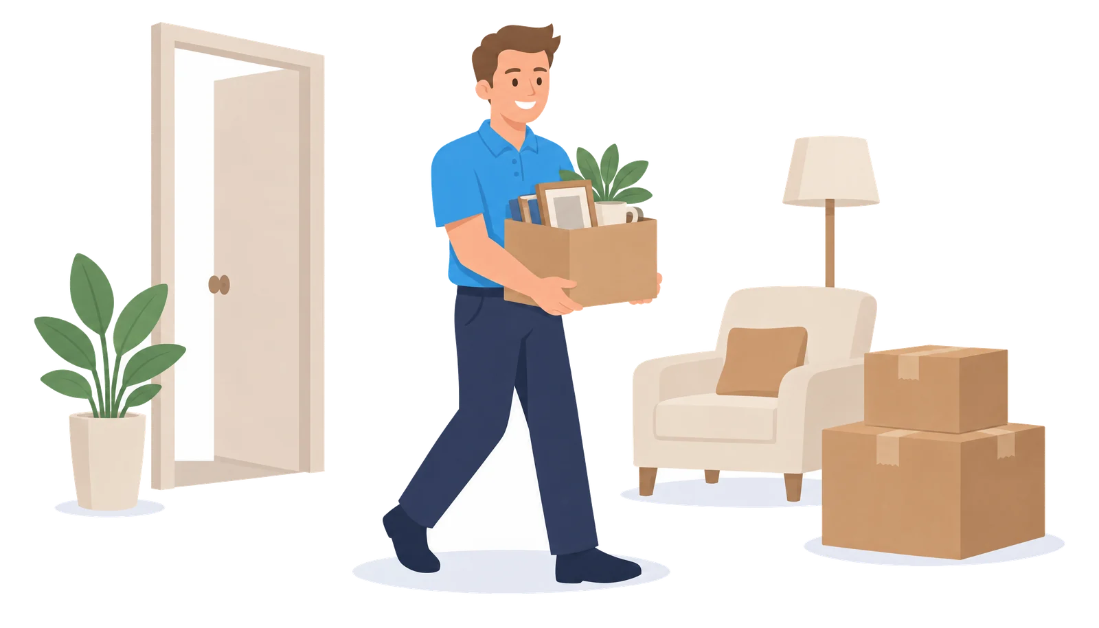 Illustration: Ein Mitarbeiter von Sorglos Entrümpeln trägt eine Kiste mit persönlichen Dingen ruhig durch ein Wohnzimmer zur Tür; Symbolbild, kein echter Sorglos-Auftrag