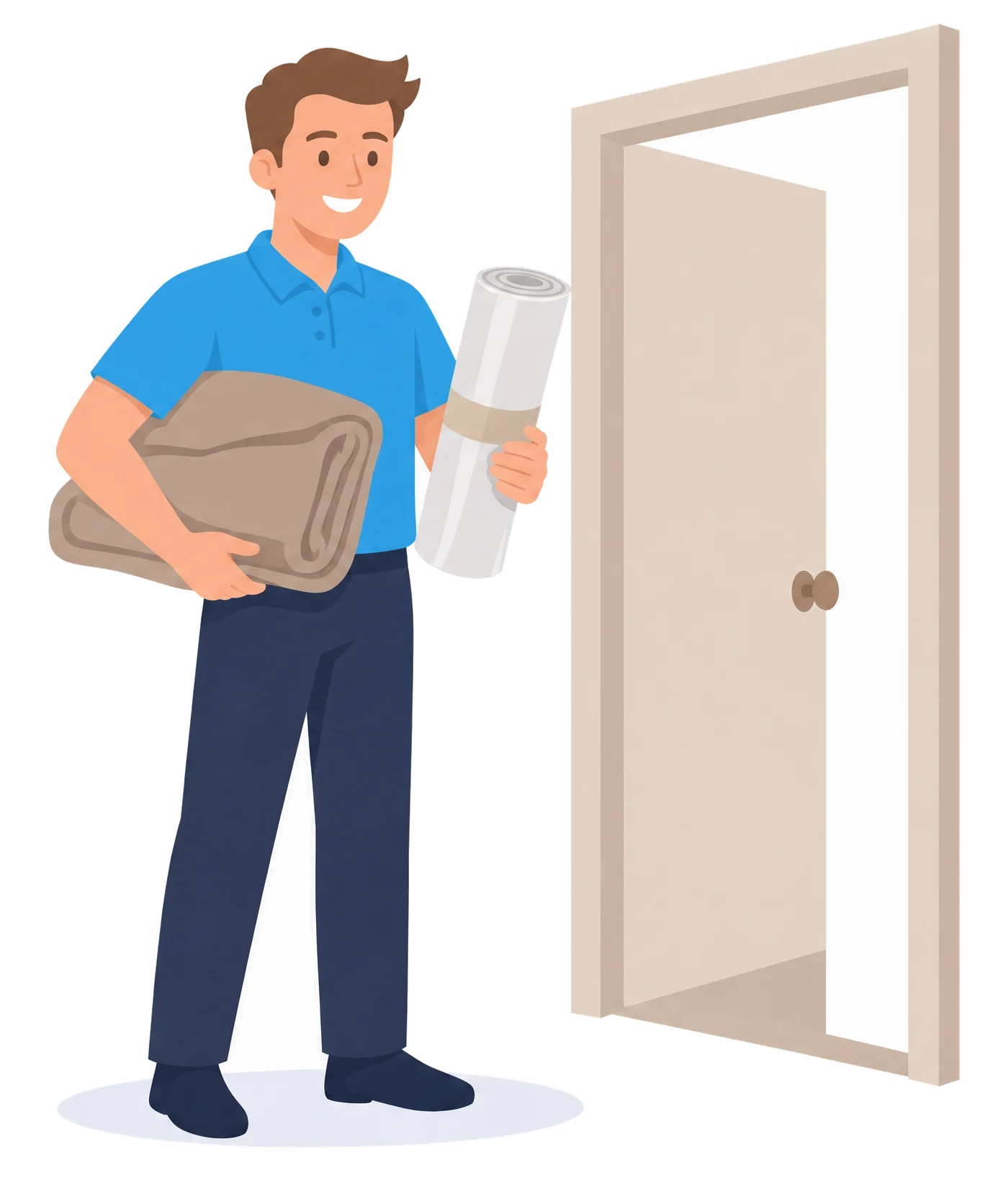 Illustration: Ein Mitarbeiter im blauen Polo steht mit Decke und Säcken ruhig an einer offenen Wohnungstür