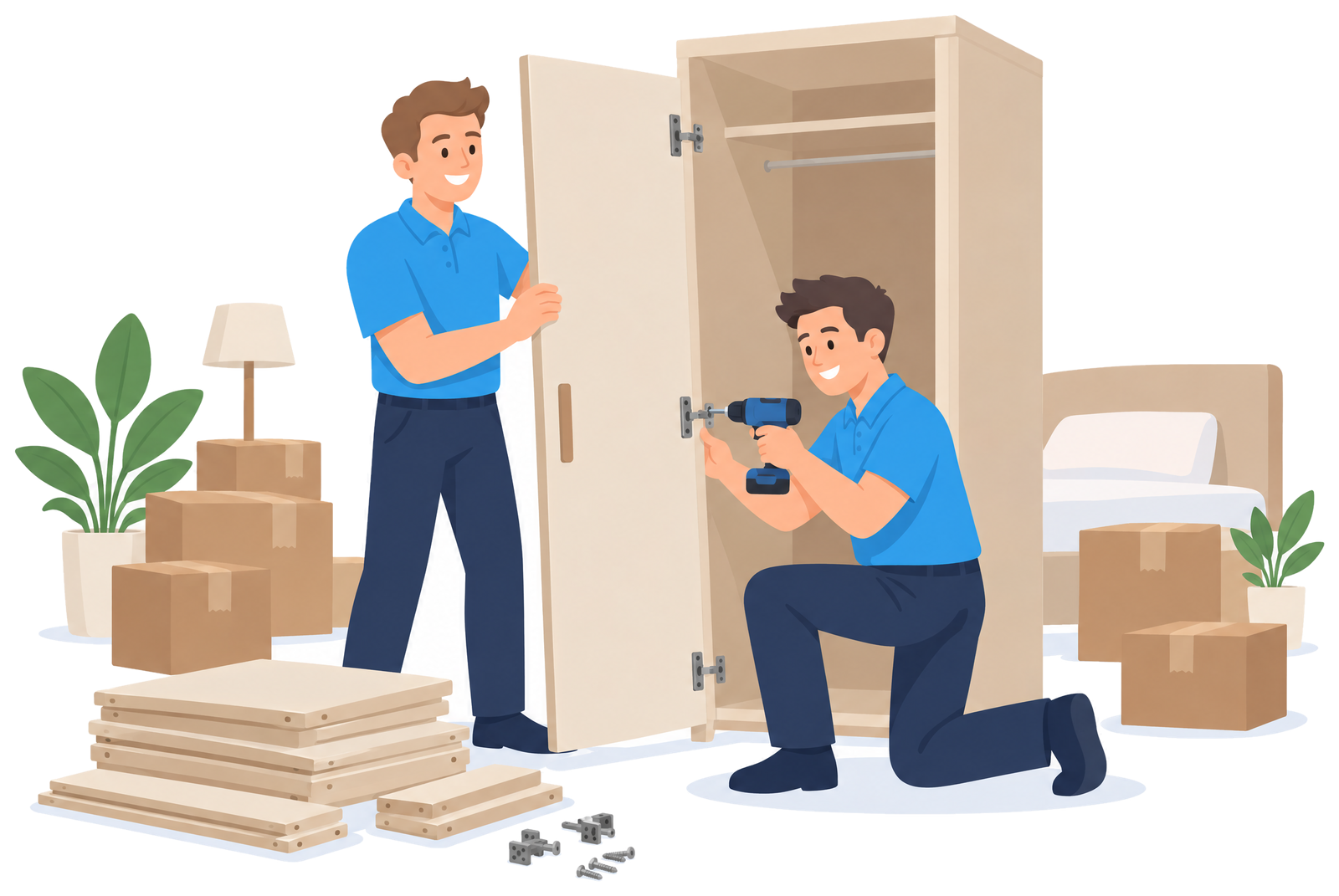 Illustration: Zwei Mitarbeiter bauen einen Kleiderschrank mit dem Akkuschrauber ab