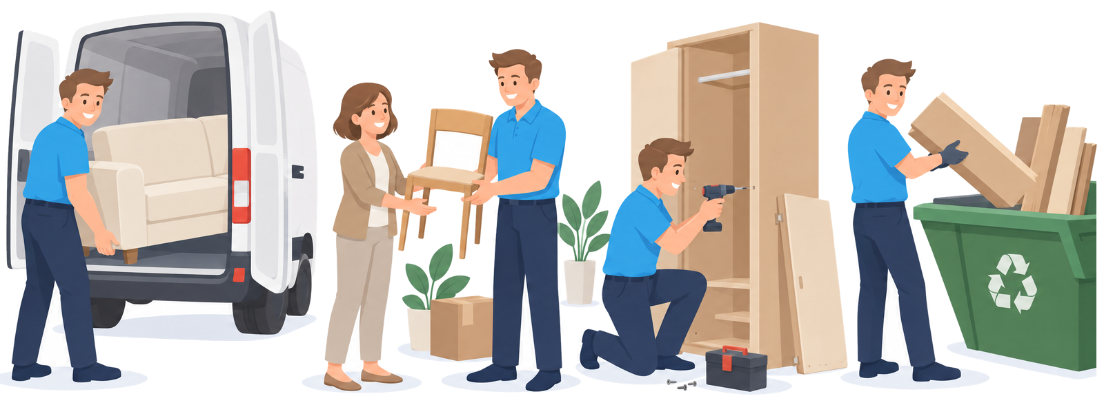 Illustration: Vier Wege für ein Möbelstück: Transporter, Weitergabe, Abbau, Wertstoffhof