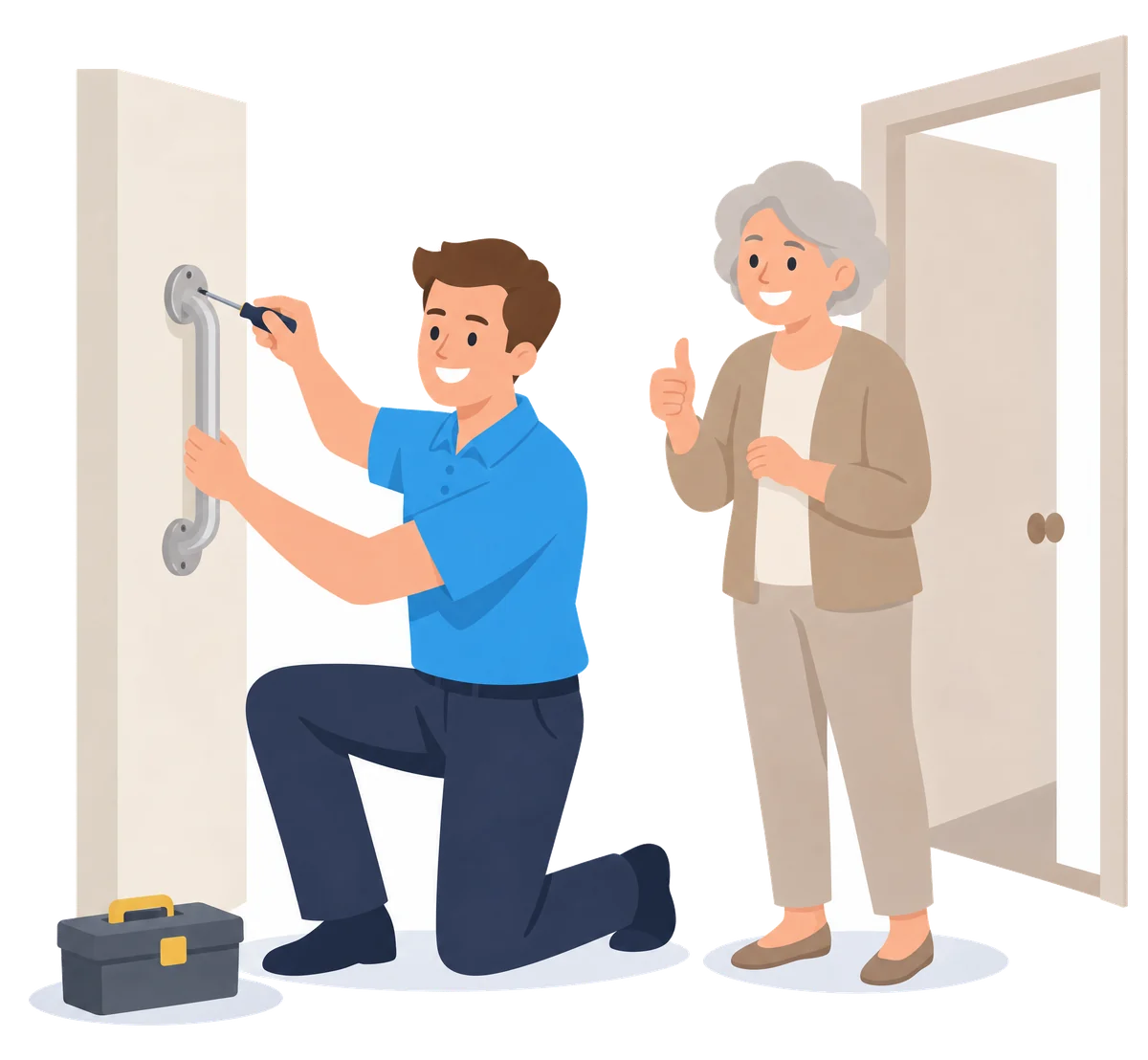 Illustration: Ein Mitarbeiter im blauen Polo montiert kniend einen Haltegriff an der Wand, eine ältere Frau zeigt den Daumen hoch.