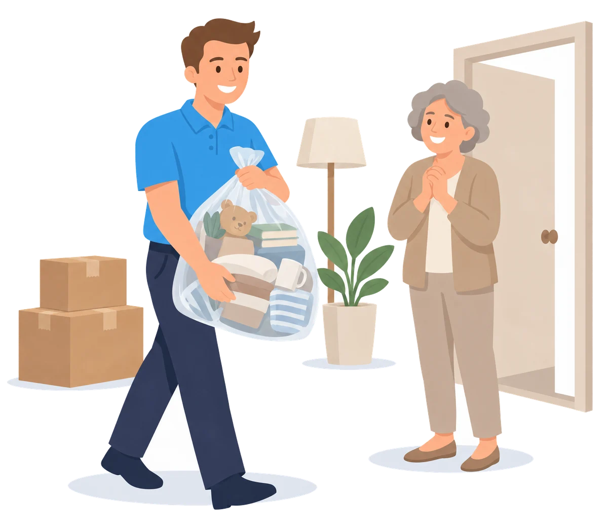 Illustration: Ein Mitarbeiter im blauen Polo trägt einen gefüllten Sack aus einer Wohnung, eine ältere Frau steht dankbar an der Tür.