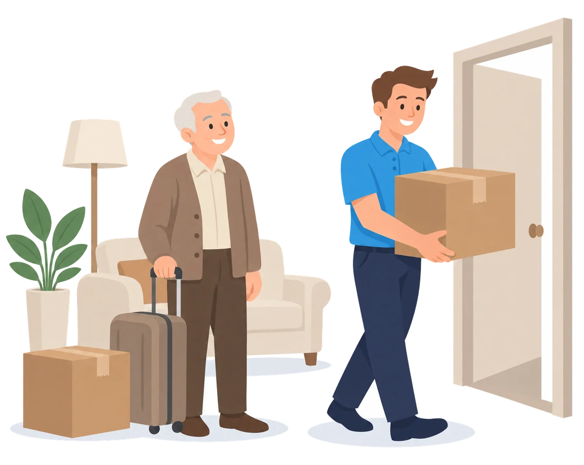 Illustration: Ein älterer Herr mit Rollkoffer in seiner Wohnung, ein Mitarbeiter im blauen Polo trägt einen Karton zur Tür.