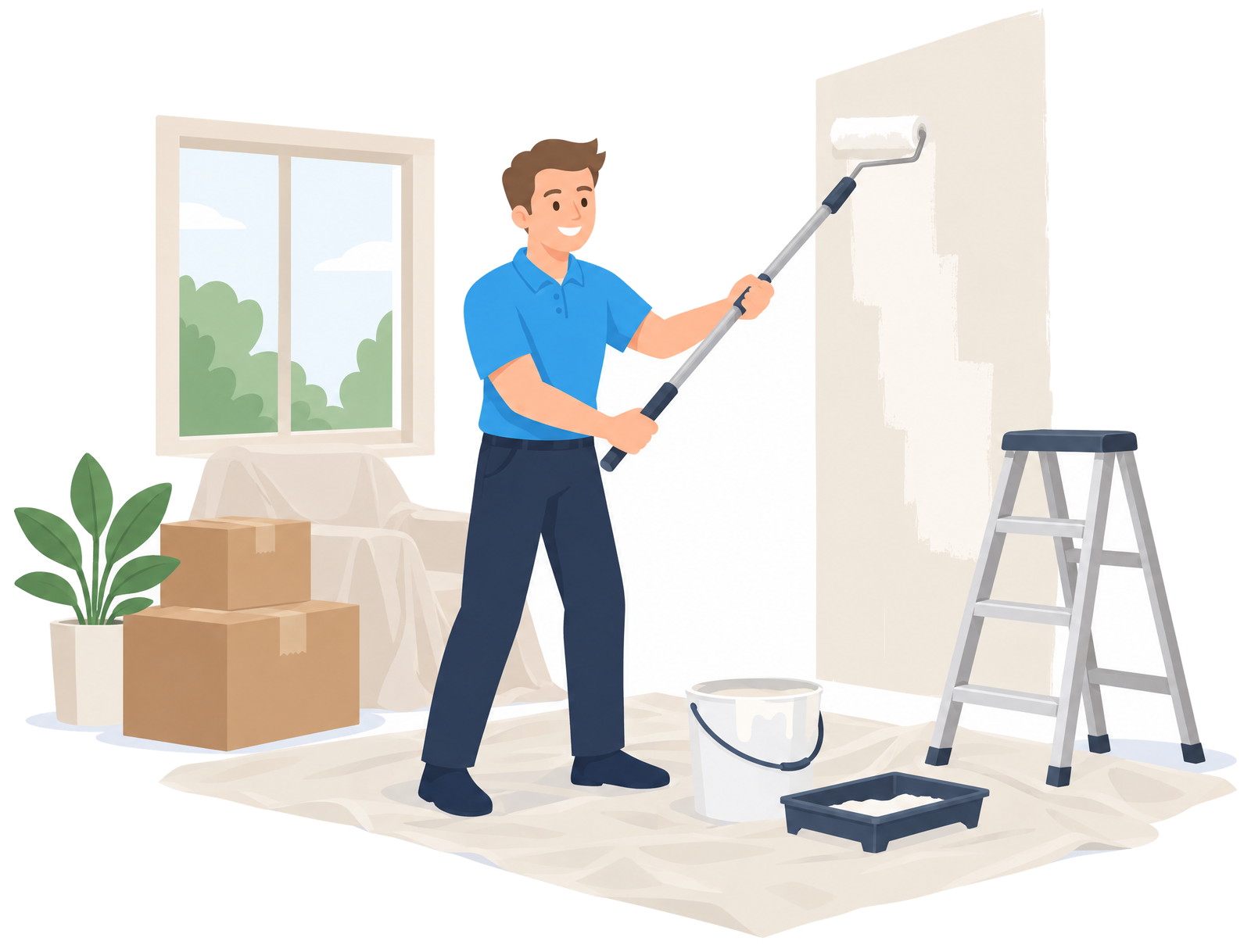 Illustration: Mitarbeiter streicht die Wand einer leergeräumten Wohnung