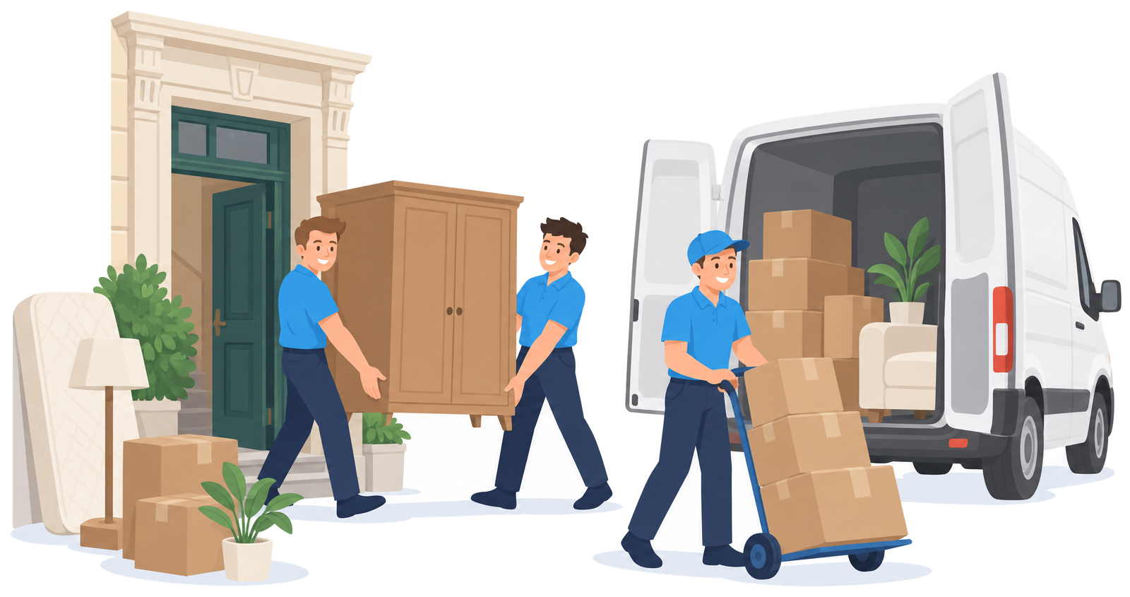 Illustration: Zwei Mitarbeiter tragen Schrank und Kartons aus einem Leipziger Altbau zum weißen Transporter
