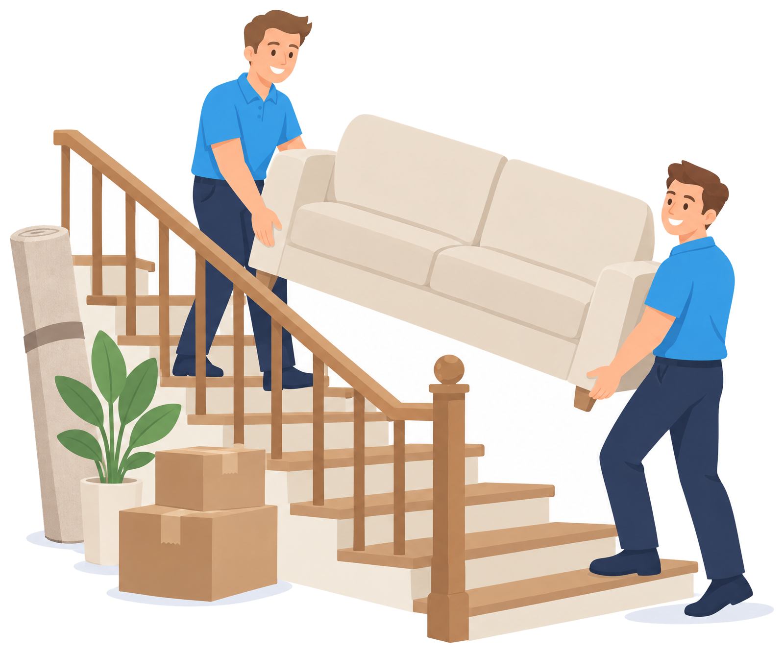 Illustration: Zwei Mitarbeiter tragen ein Sofa durch ein enges Altbau-Treppenhaus