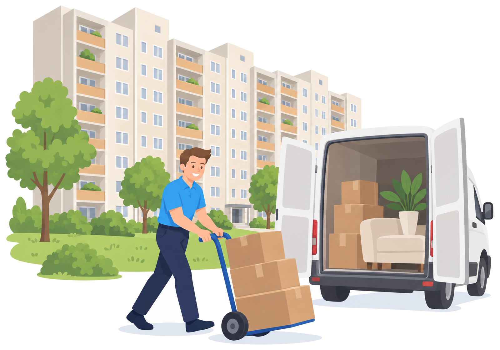 Illustration: Plattenbau-Zeile mit Grün, Transporter davor, Mitarbeiter mit Sackkarre