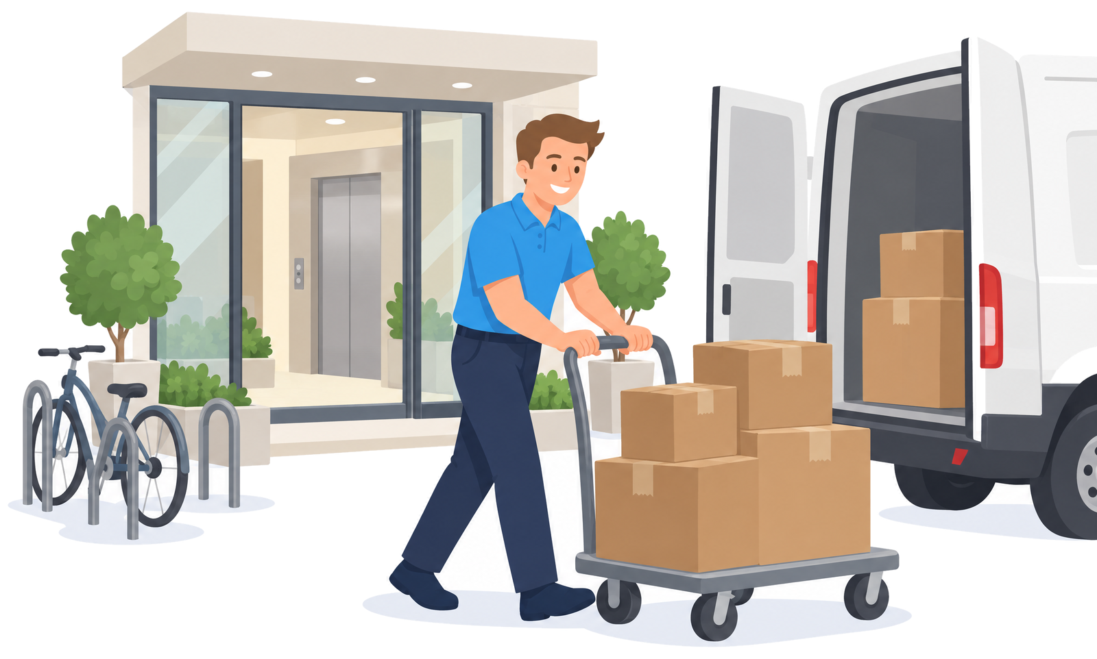 Illustration: Wohnblock mit Aufzug-Eingang, Mitarbeiter mit Rollwagen