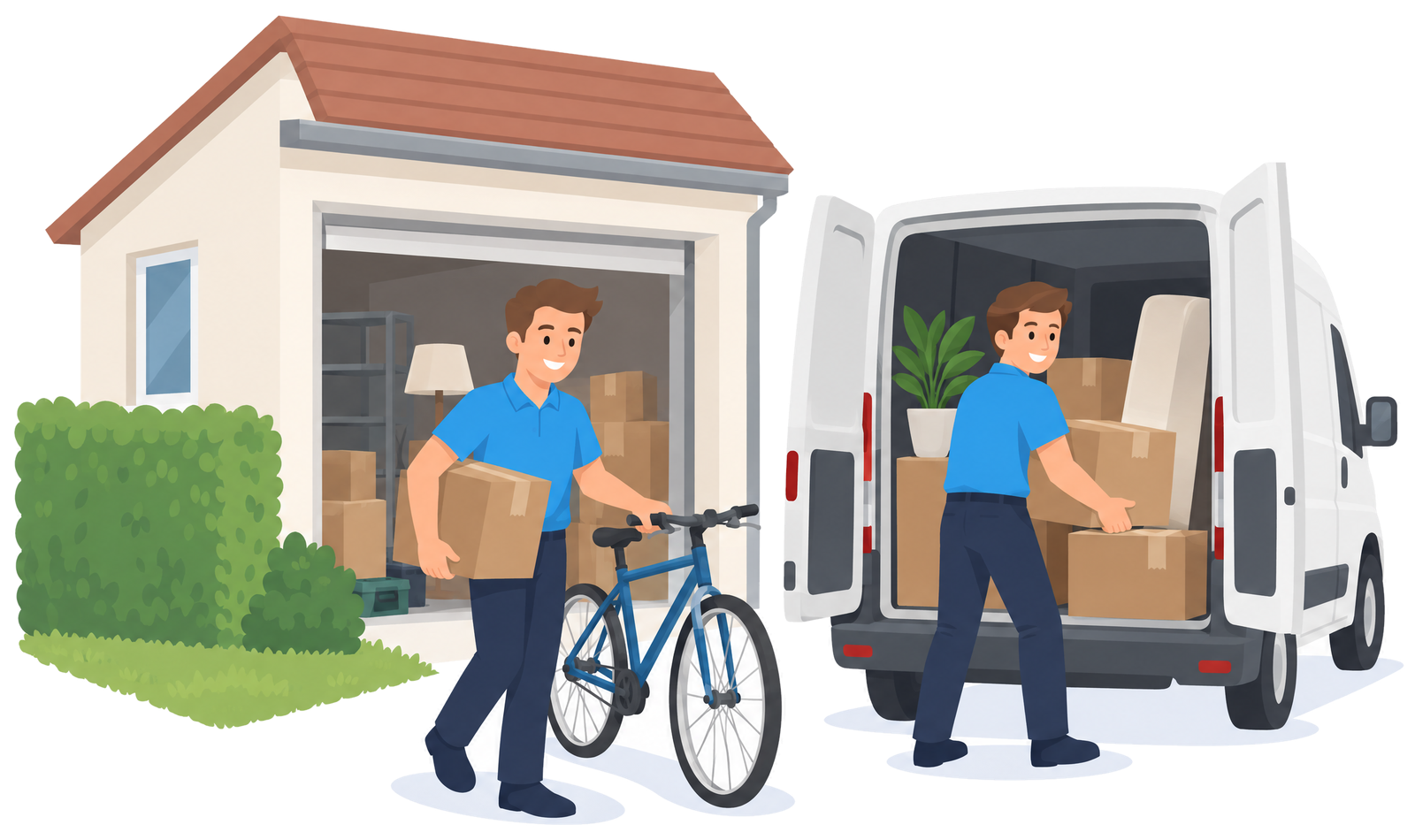 Illustration: Reihenhaus mit Garage, Mitarbeiter trägt Fahrrad und Kartons aus der Garage