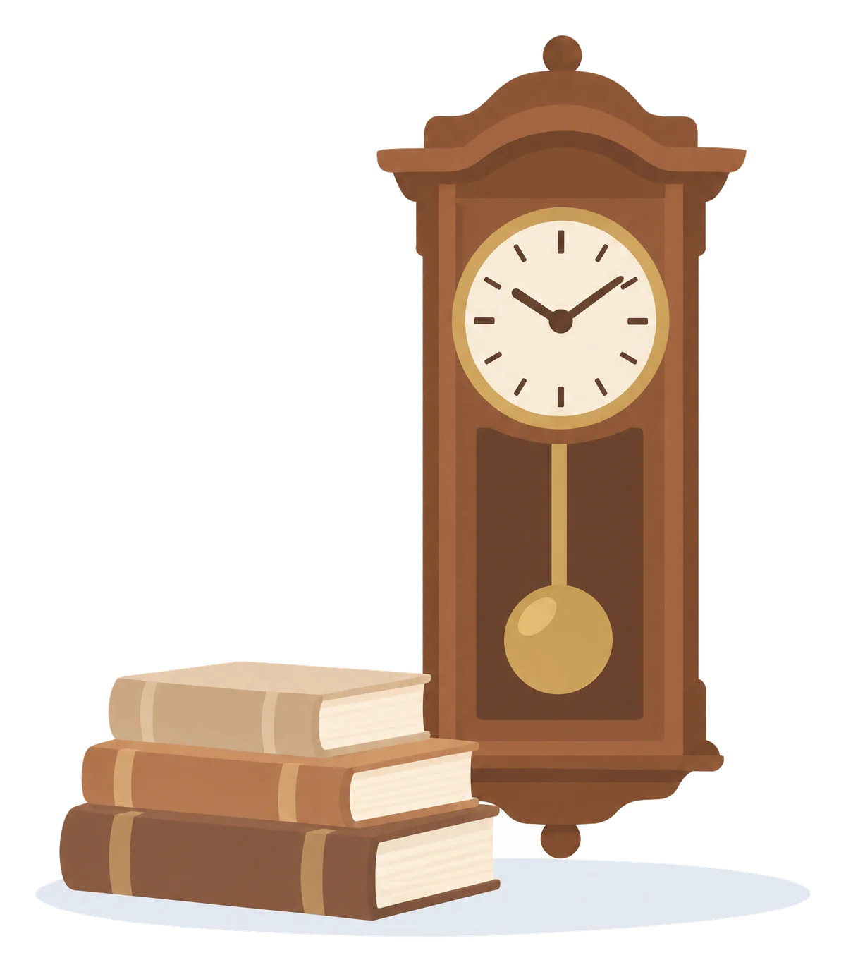 Illustration: Pendel-Wanduhr aus dunklem Holz neben drei alten Büchern