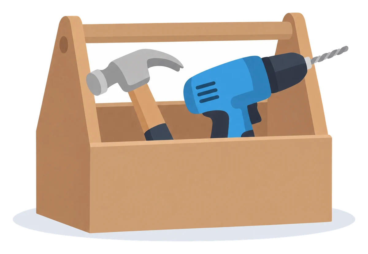 Illustration: Werkzeugkiste aus Holz mit Hammer und Akkuschrauber