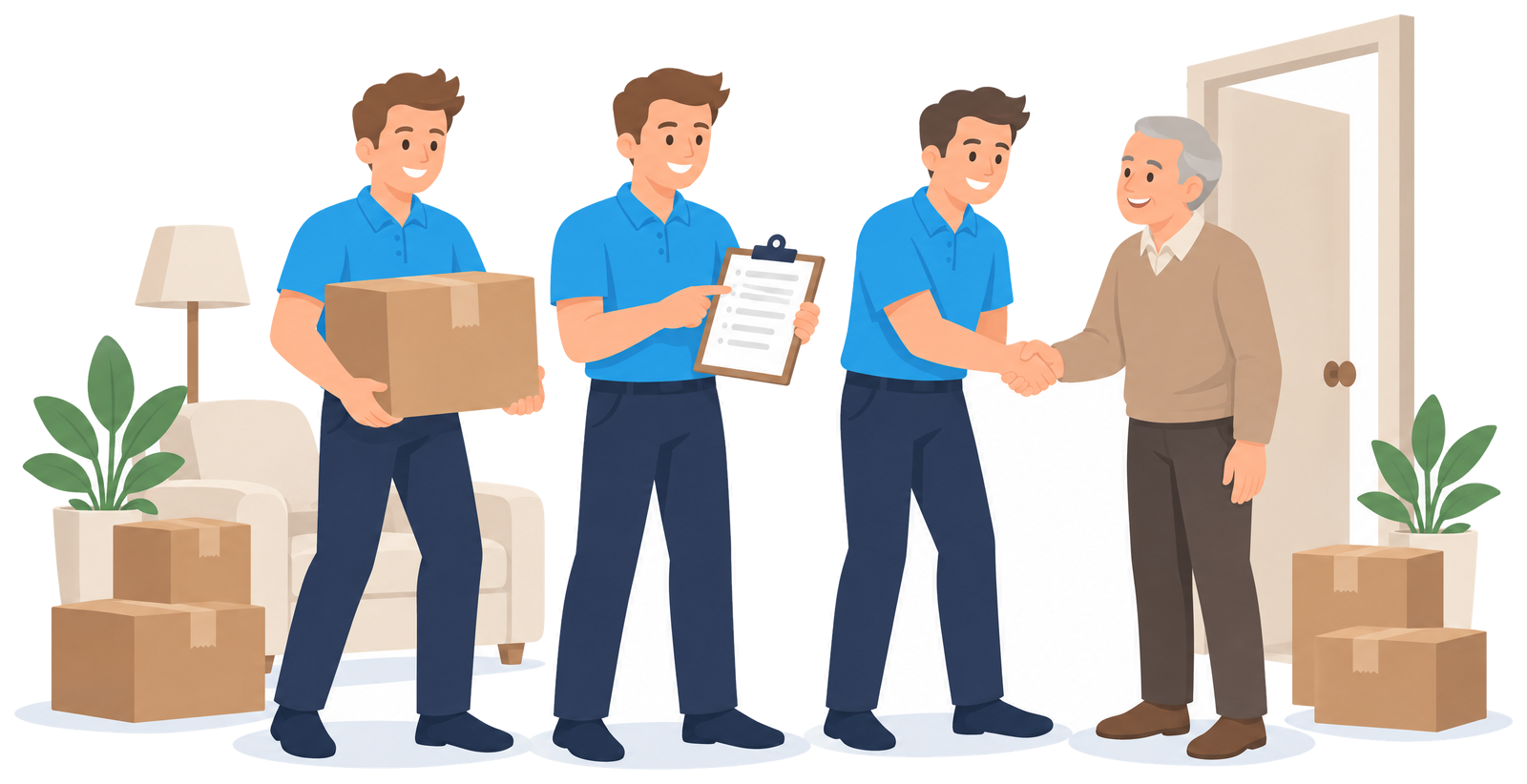 Illustration: Drei Mitarbeiter, einer mit Klemmbrett, einer mit Karton, einer schüttelt Kunden die Hand