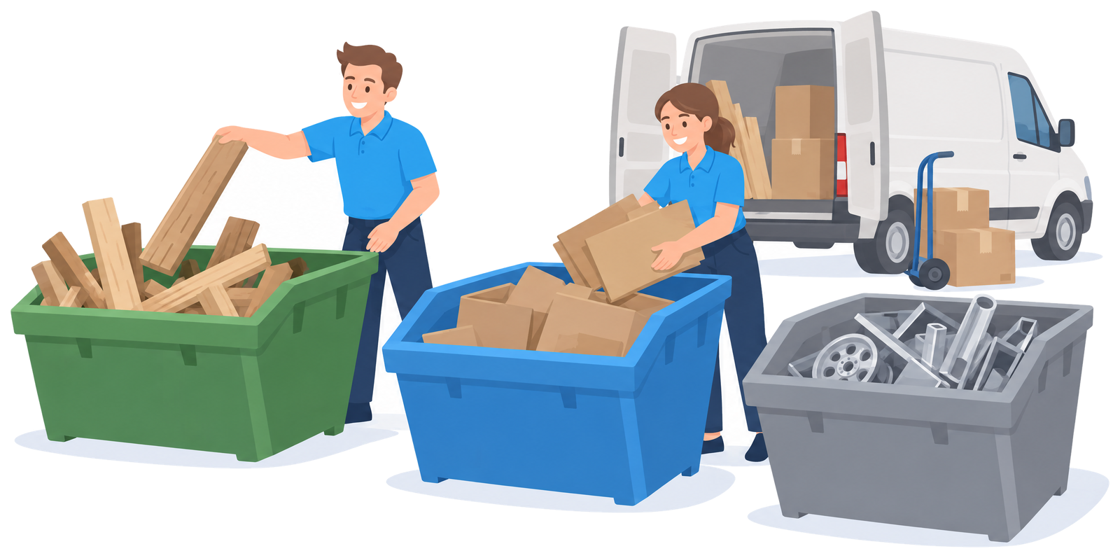 Illustration: Mitarbeiter wirft Holz und Karton getrennt in Container am Wertstoffhof