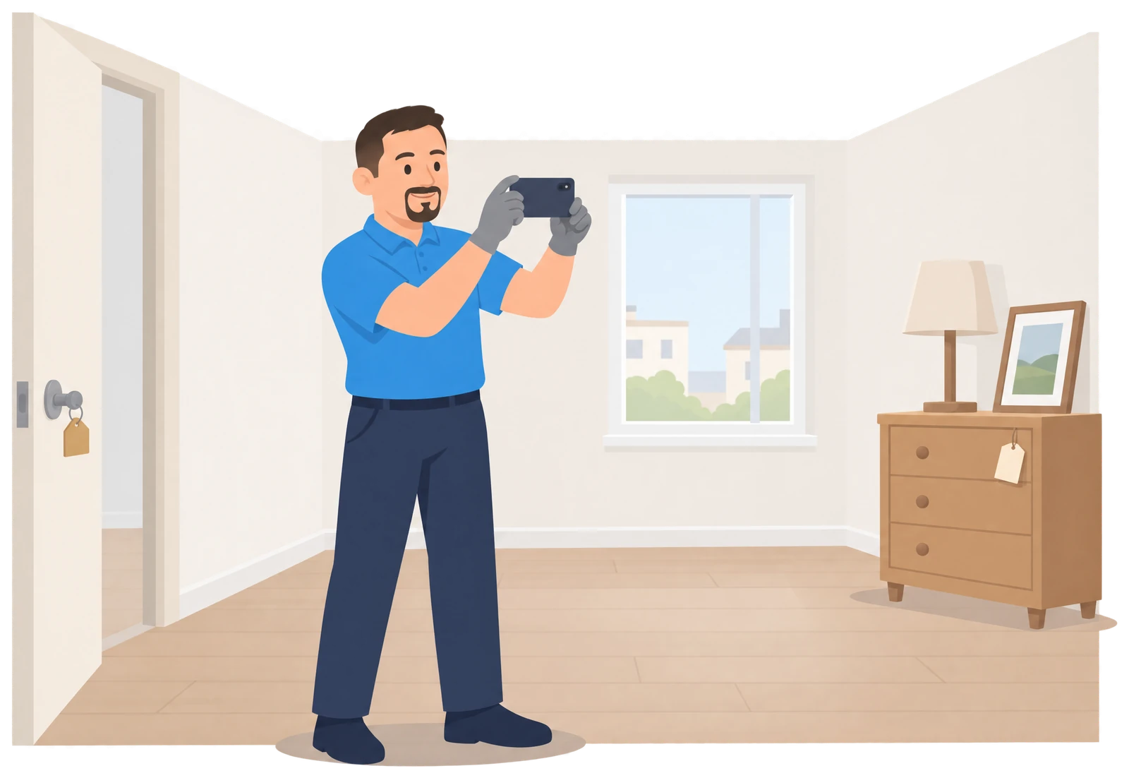 Illustration: Ein Mitarbeiter im blauen Polo fotografiert das leere Zimmer, in der Ecke steht eine Kommode mit Lampe und Bild, die bleiben soll