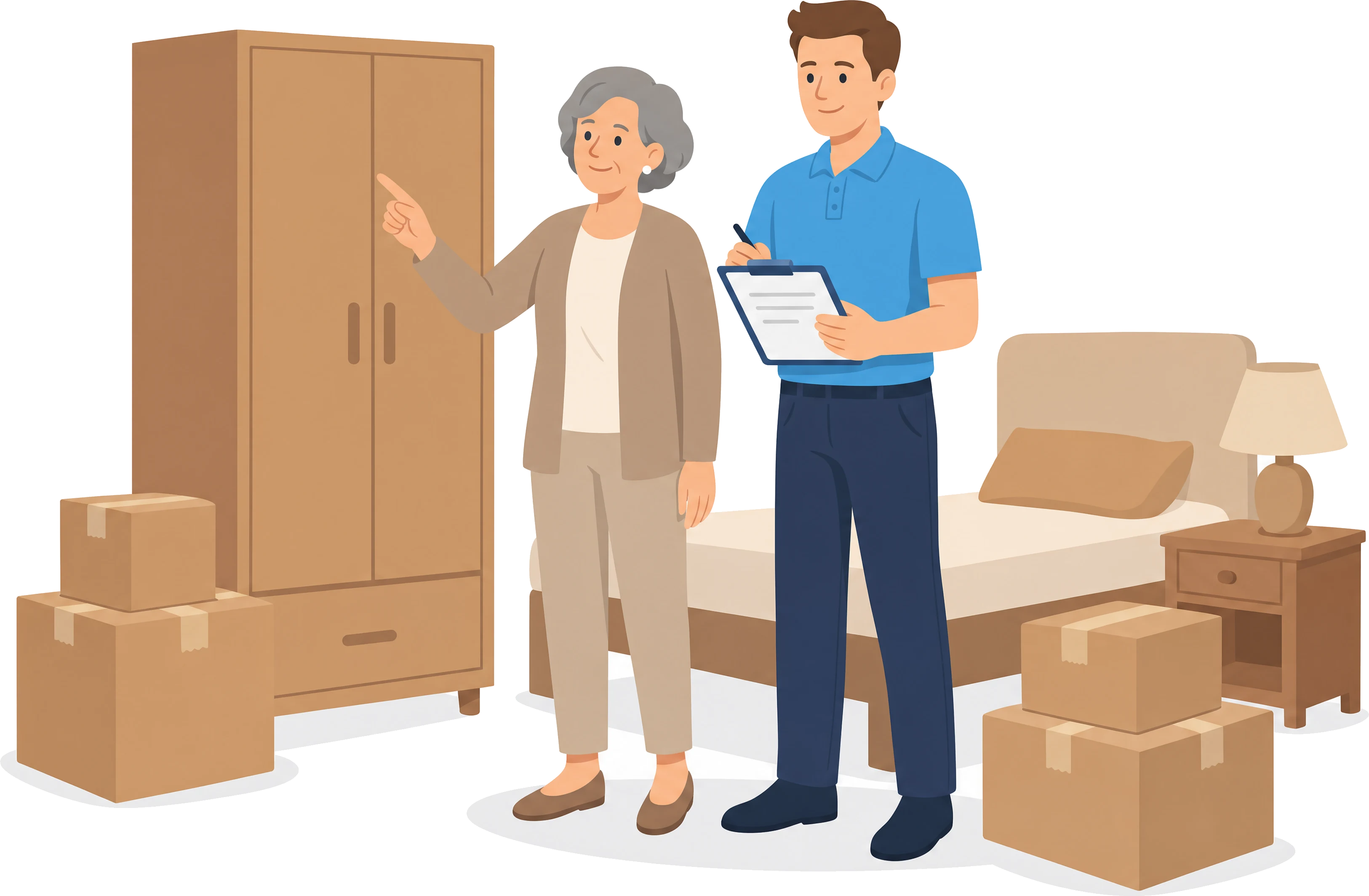 Illustration: Ältere Kundin zeigt einem Mitarbeiter von Sorglos Entrümpeln im Schlafzimmer, welcher Schrank geräumt werden soll, während er die Angaben auf dem Klemmbrett notiert