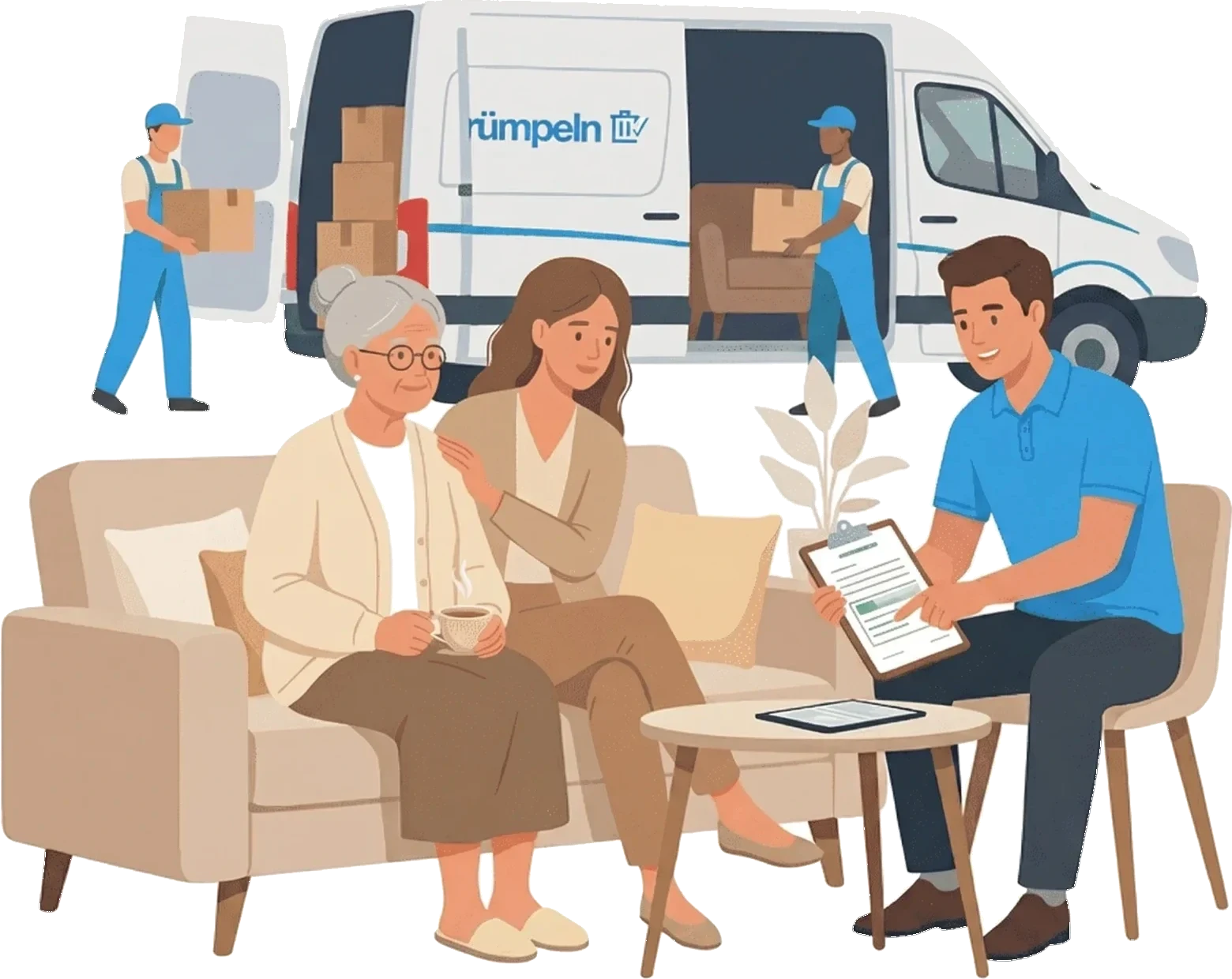 Illustration: Familie wird zum Pflegekassen-Zuschuss beraten, im Hintergrund Umzugstransporter