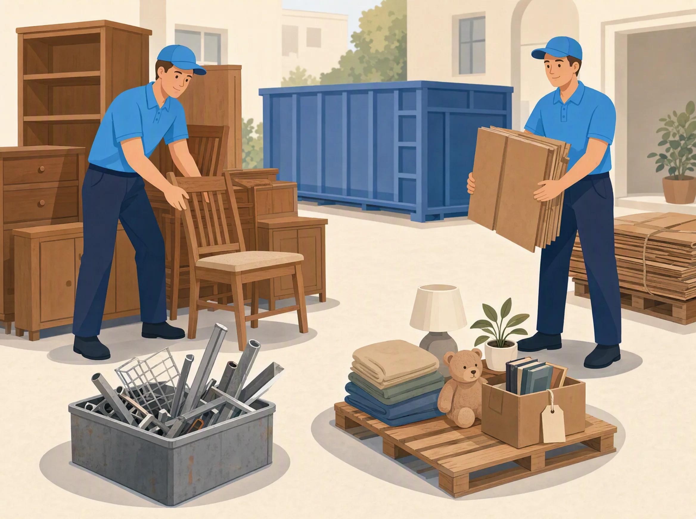 Illustration: Zwei Mitarbeiter von Sorglos Entrümpeln sortieren im Hof Möbel, Metallteile, Pappe und brauchbare Dinge auf getrennte Stapel, dahinter ein blauer Container