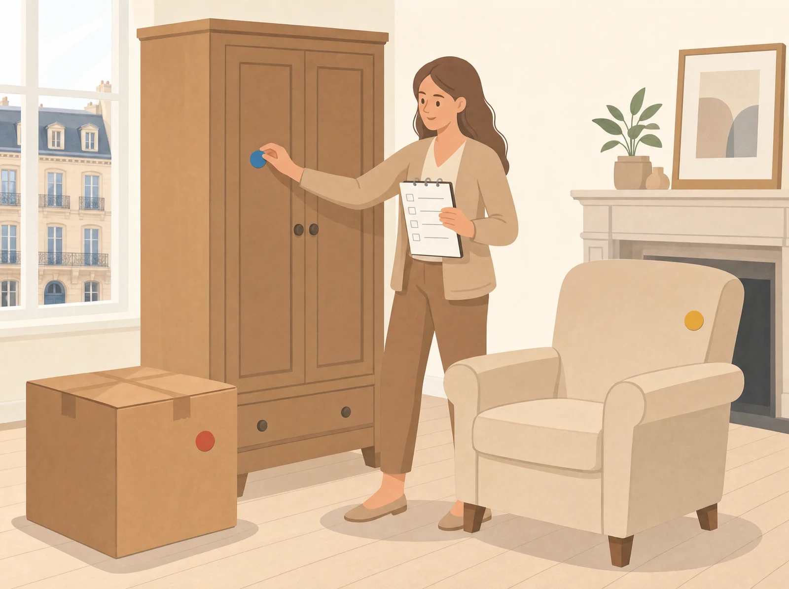 Illustration: Frau markiert Möbel im Wohnzimmer mit farbigen Klebepunkten, Notizblock mit Checkliste in der Hand; Symbolbild.