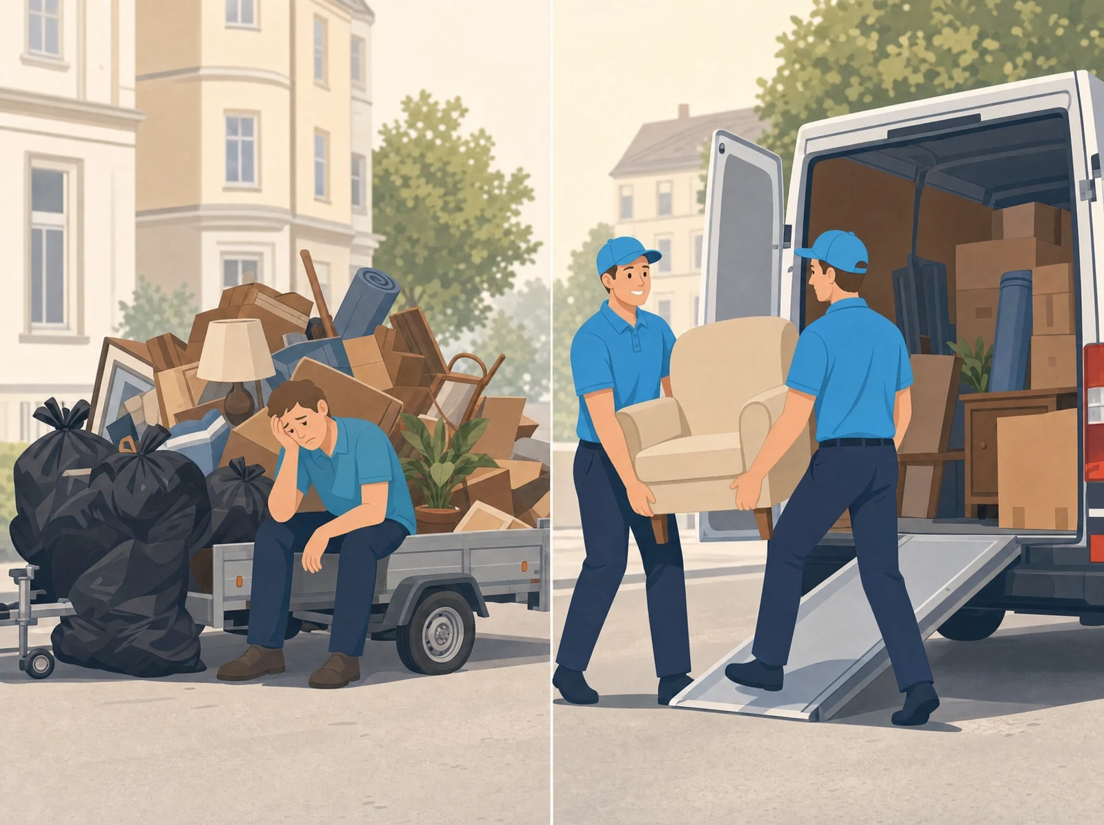 Illustration: Links müht sich ein Mann allein mit Anhänger und Säcken ab, rechts trägt eine Zwei-Mann-Crew zügig Möbel in den Transporter; Symbolbild.