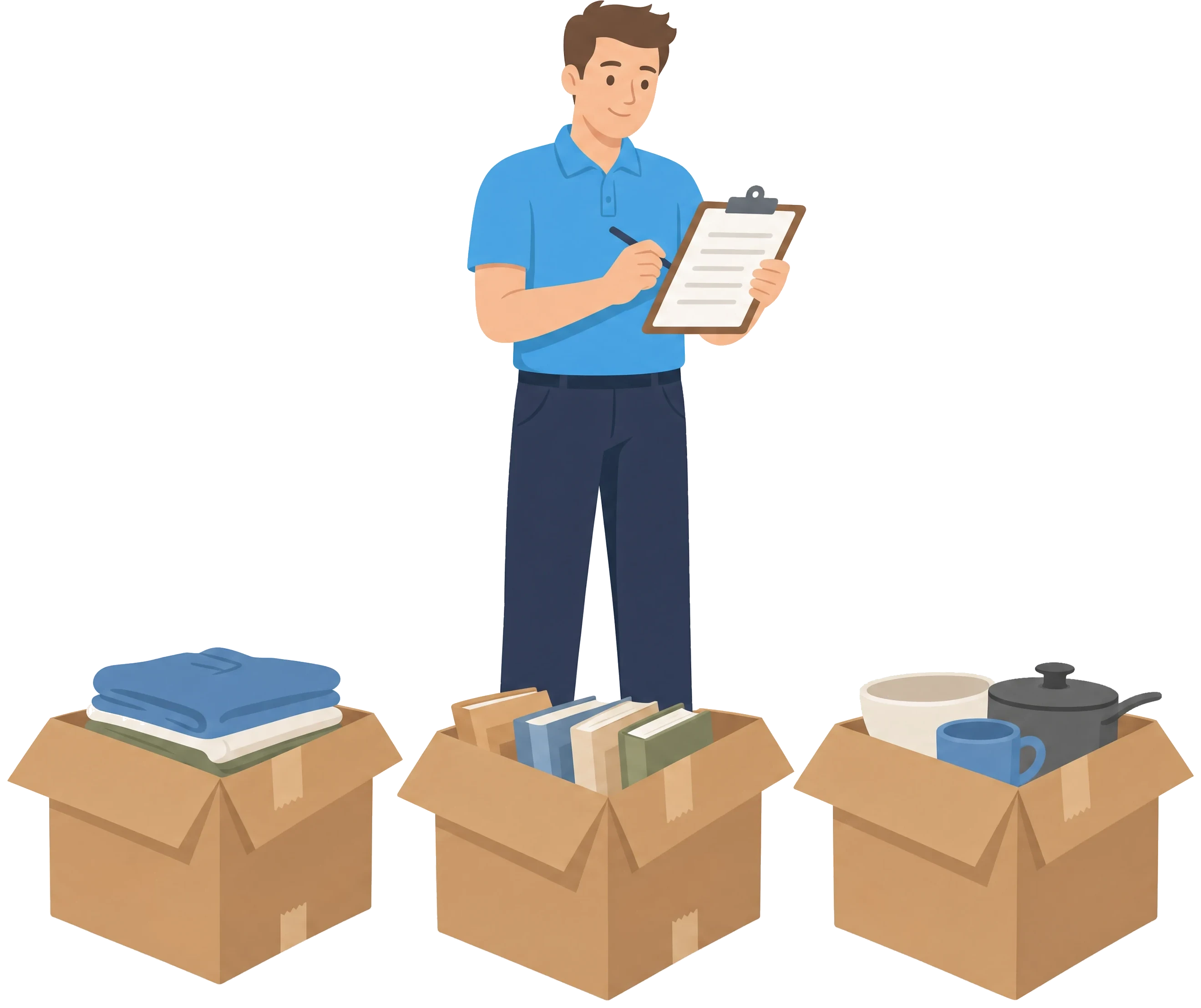 Illustration: Mitarbeiter von Sorglos Entrümpeln notiert auf einem Klemmbrett, davor drei offene Umzugskartons mit Kleidung, Büchern und Geschirr