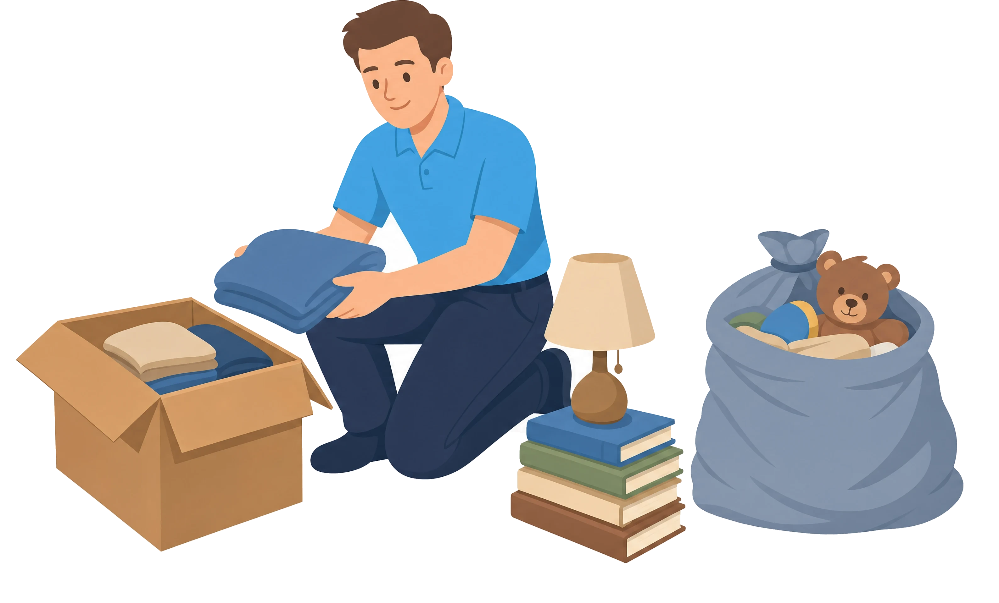 Illustration: Mitarbeiter von Sorglos Entrümpeln legt zusammengelegte Kleidung in einen Karton, daneben ein Stapel Bücher, eine Lampe und ein Sack mit Spielzeug