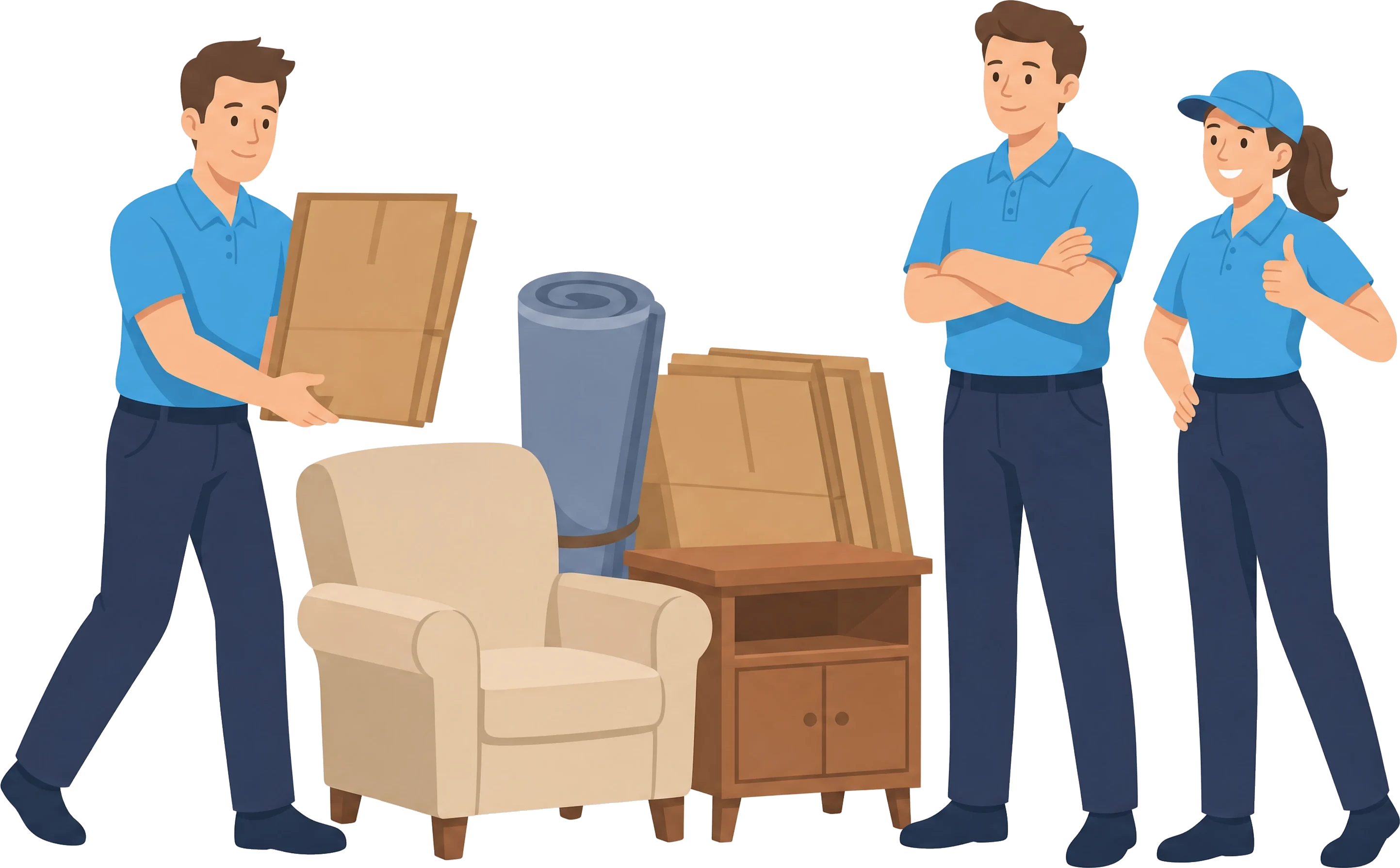 Illustration: Mitarbeiter von Sorglos Entrümpeln trägt Holzplatten zu einem bereitgestellten Sperrmüllhaufen aus Sessel, Teppichrolle und Nachttisch, zwei Kollegen stehen daneben