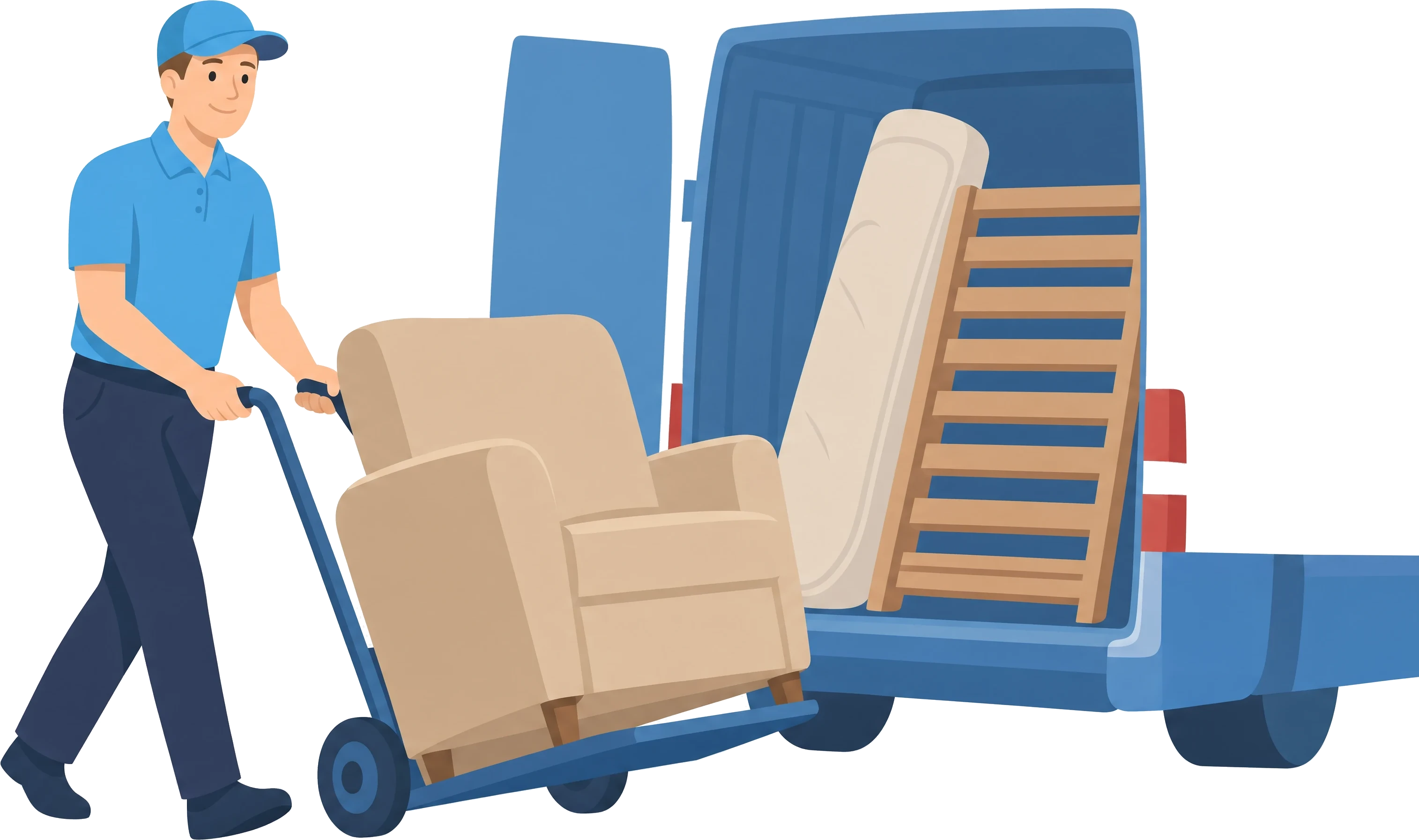 Illustration: Mitarbeiter von Sorglos Entrümpeln schiebt einen Sessel auf der Sackkarre zum Transporter, in dem bereits Matratze und Lattenrost stehen