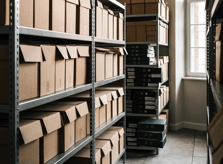 Archivraum mit Aktenregalen und gestapelten Ordnern.