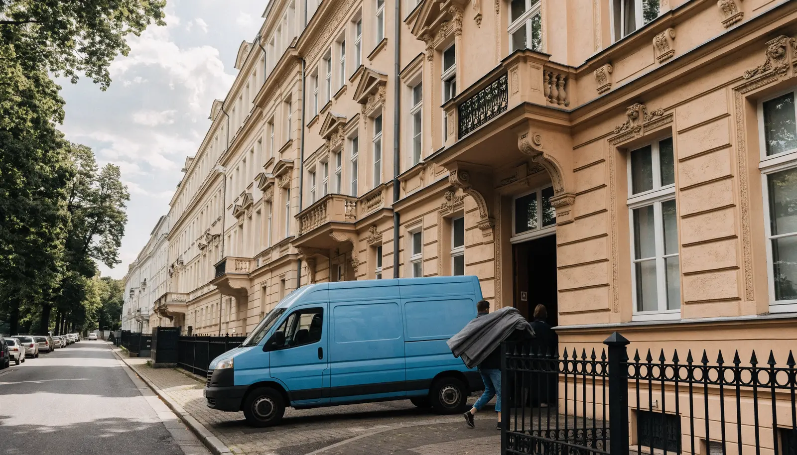 Blauer Transporter von Sorglos Entrümpeln vor einem Leipziger Altbau, ein Mitarbeiter trägt eine Decke zum Hauseingang