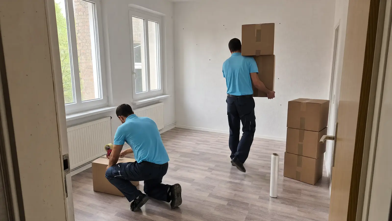 Zwei Mitarbeiter packen im fast leeren Zimmer die letzten Kartons, der Boden ist bereits frei