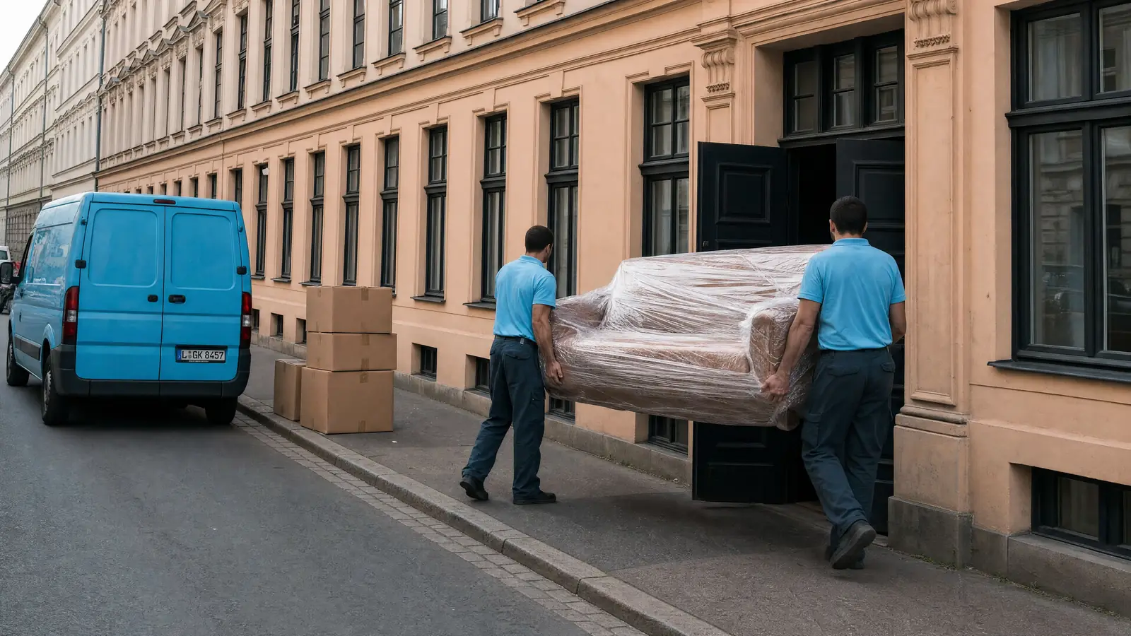 Zwei Mitarbeiter in blauen Polos tragen ein eingepacktes Sofa aus dem Hauseingang zum Transporter