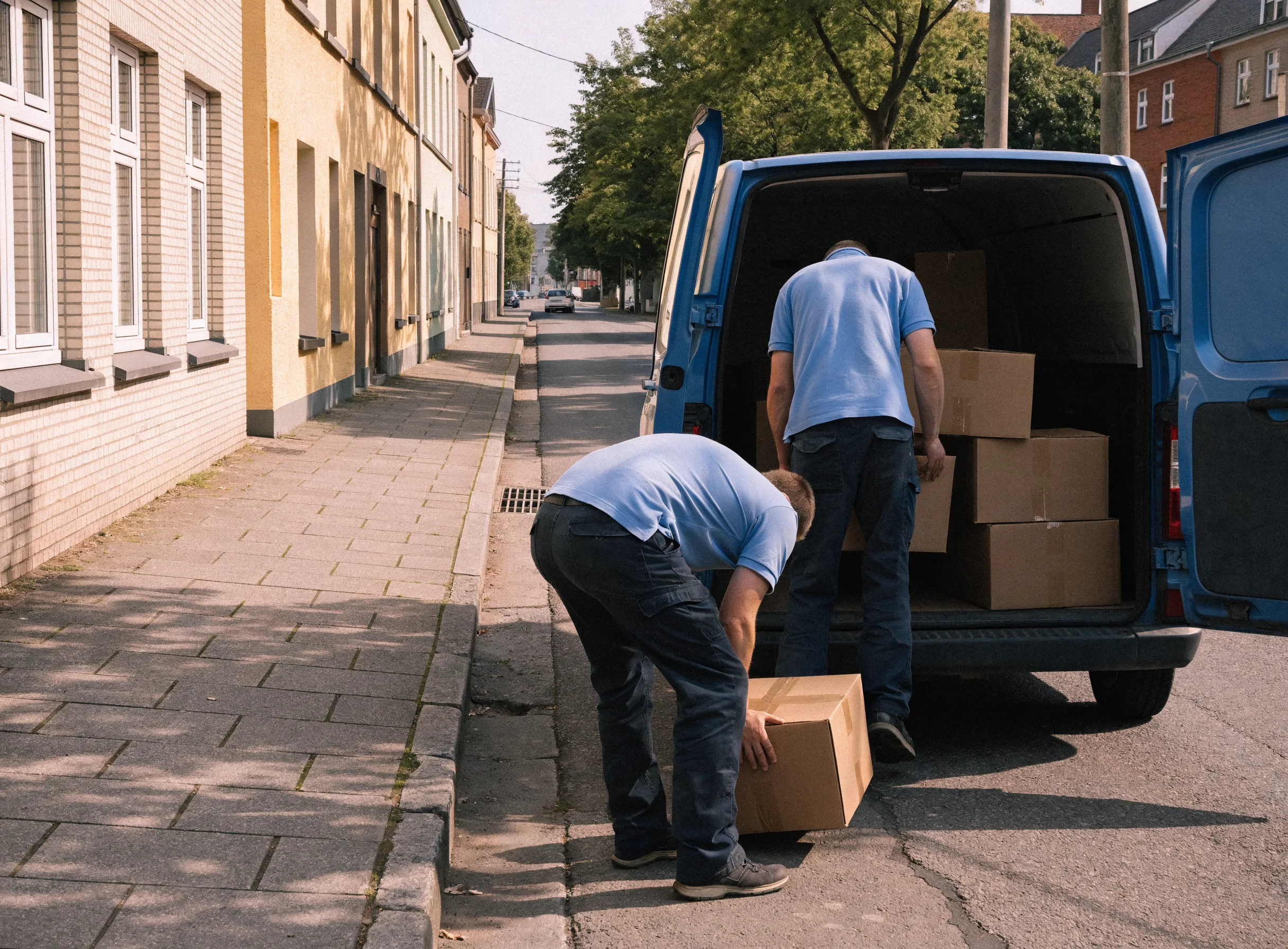 Zwei Mitarbeiter in hellblauen Polos laden Kartons in den offenen Transporter am Straßenrand.