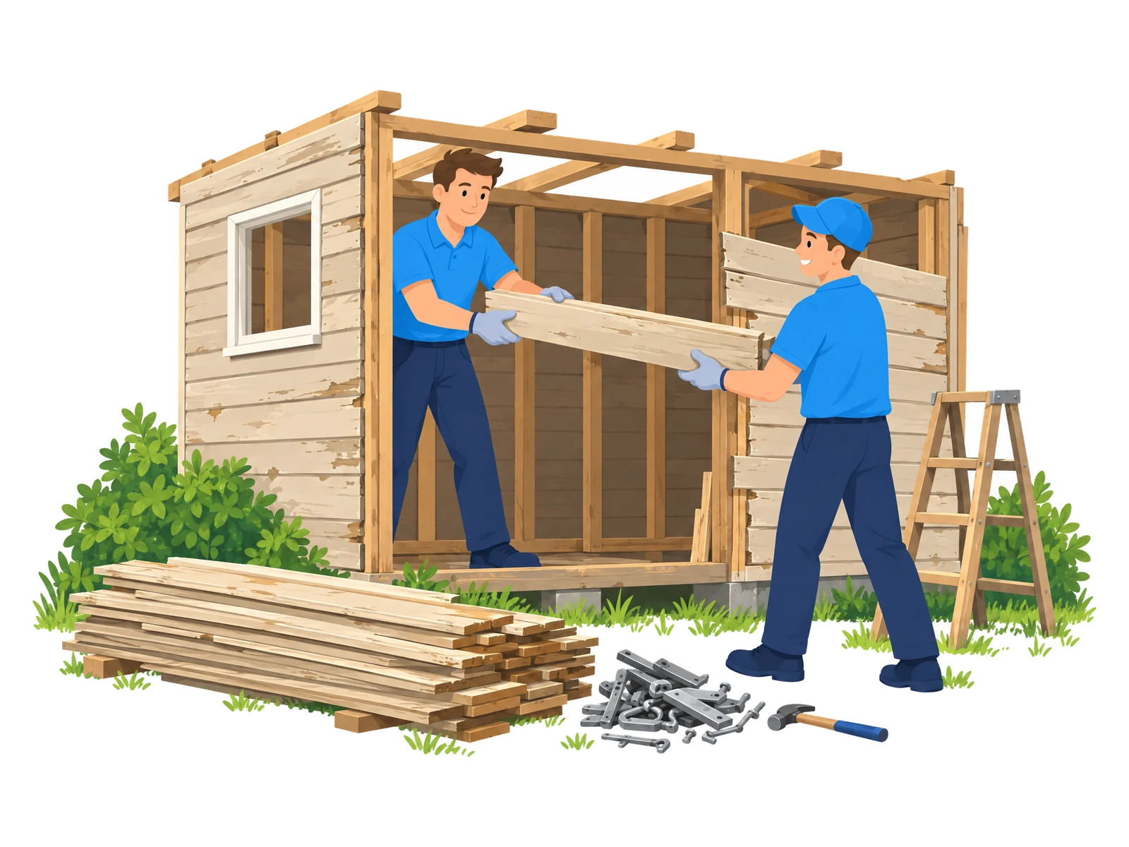 Illustration: Zwei Mitarbeiter bauen eine alte Holzlaube ohne Dach ab und reichen sich ein Brett, daneben liegen die abgenommenen Bretter gestapelt und Metallteile sortiert