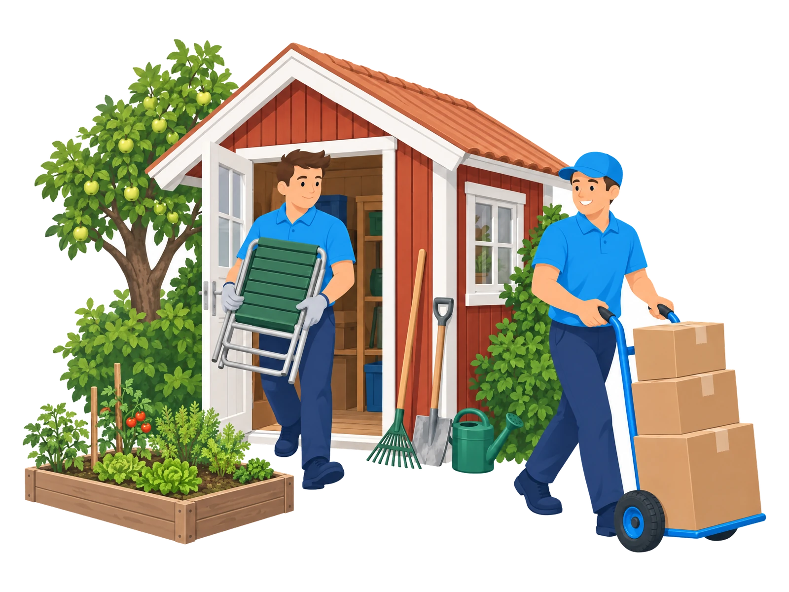 Illustration: Zwei Mitarbeiter räumen eine Gartenlaube im Kleingarten, einer trägt einen alten Gartenstuhl heraus, der andere schiebt eine Sackkarre mit Kartons; daneben Beet, Rechen, Spaten und Gießkanne