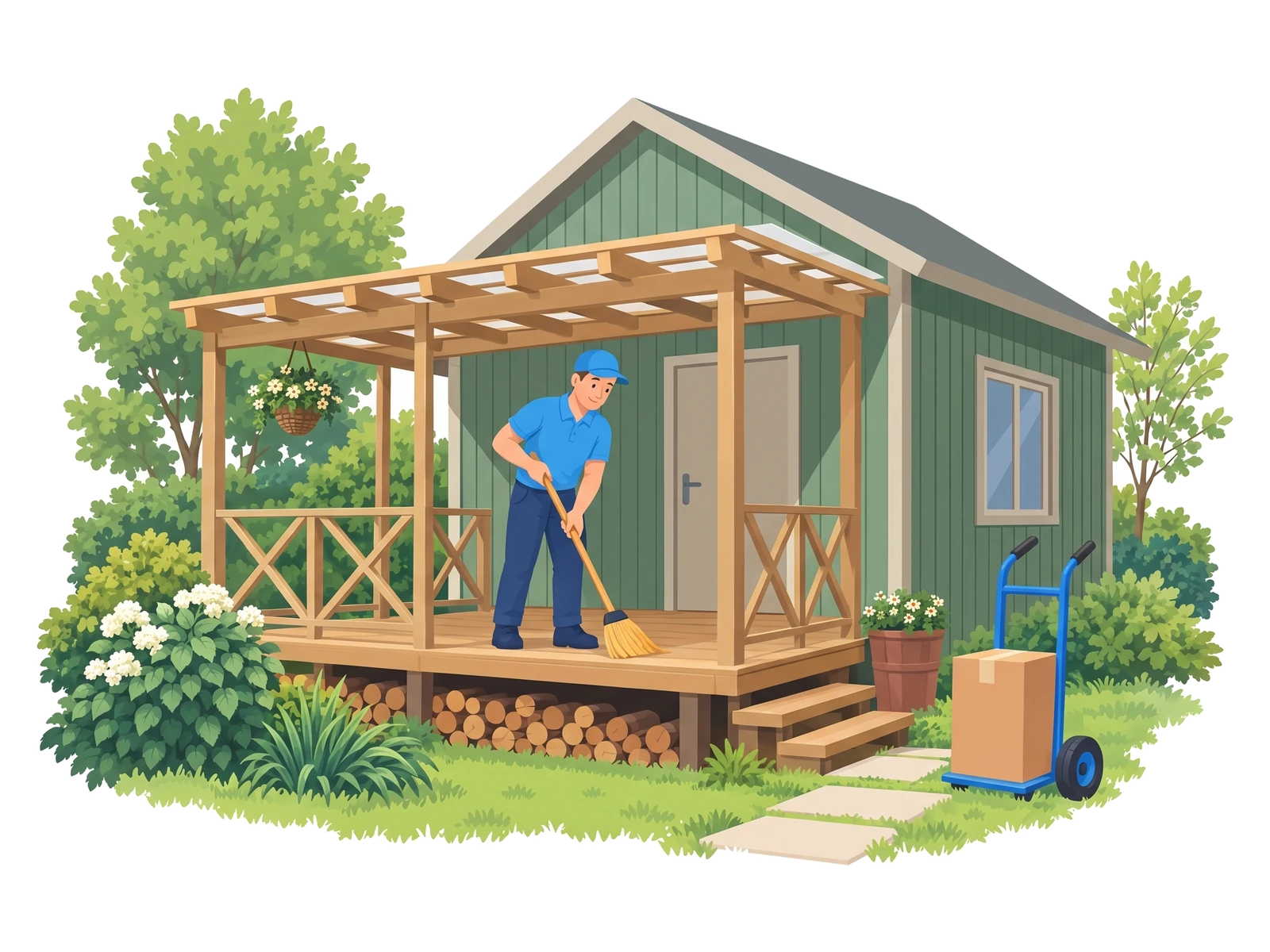 Illustration: Mitarbeiter fegt die leere Veranda einer geräumten Gartenlaube, daneben steht eine Sackkarre mit dem letzten Karton