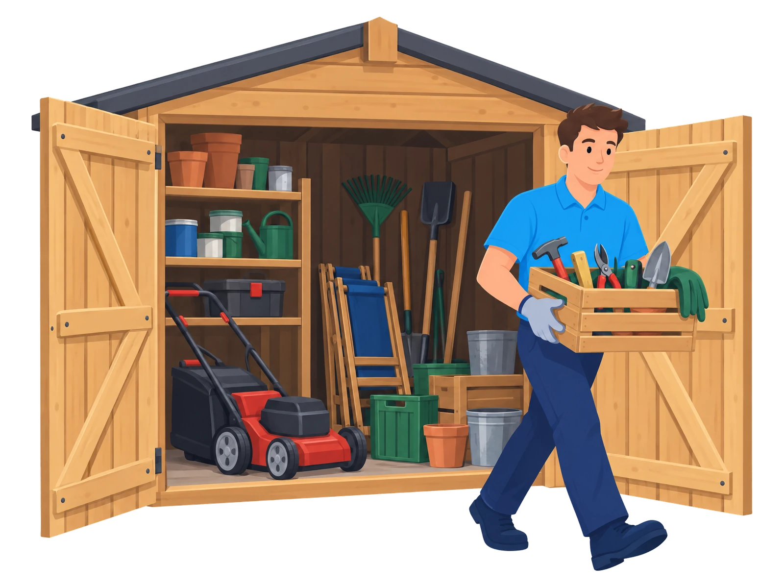 Illustration: Mitarbeiter trägt eine Holzkiste mit Werkzeug aus einem vollen Geräteschuppen mit Rasenmäher, Liegestühlen und Blumentöpfen