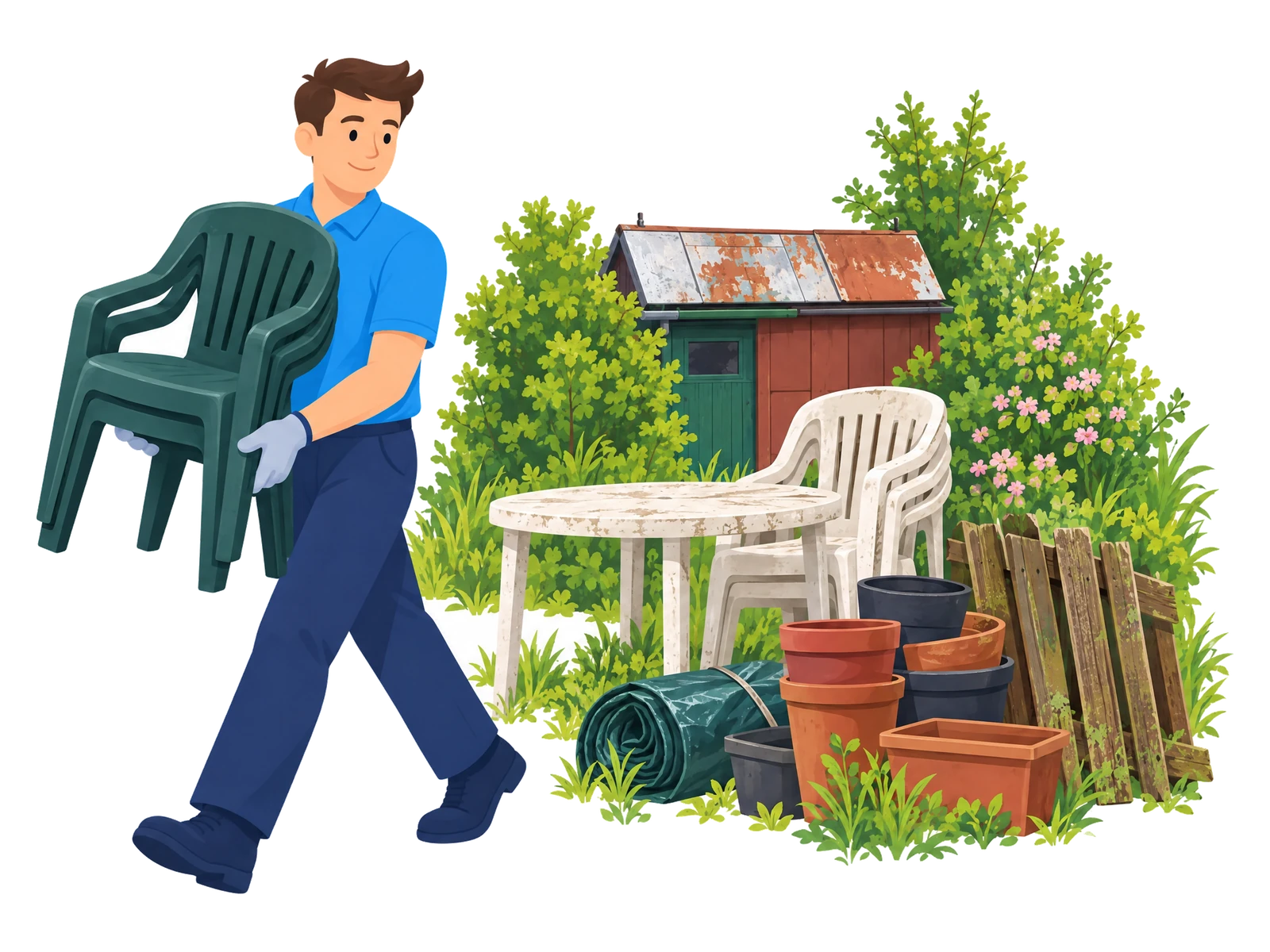Illustration: Mitarbeiter trägt gestapelte Plastikstühle über die Parzelle, daneben alter Gartentisch, Blumentöpfe, eine zusammengerollte Folie und Zaunlatten