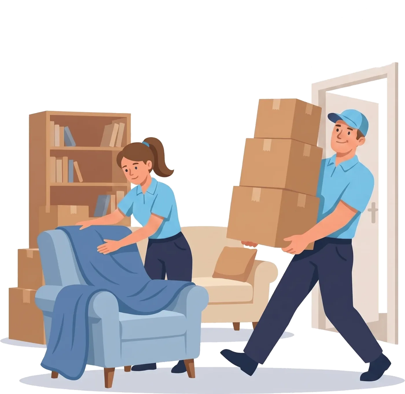 Illustration: Eine Mitarbeiterin legt eine Decke über einen Sessel, während ein Mitarbeiter Kartons durch eine Tür trägt.