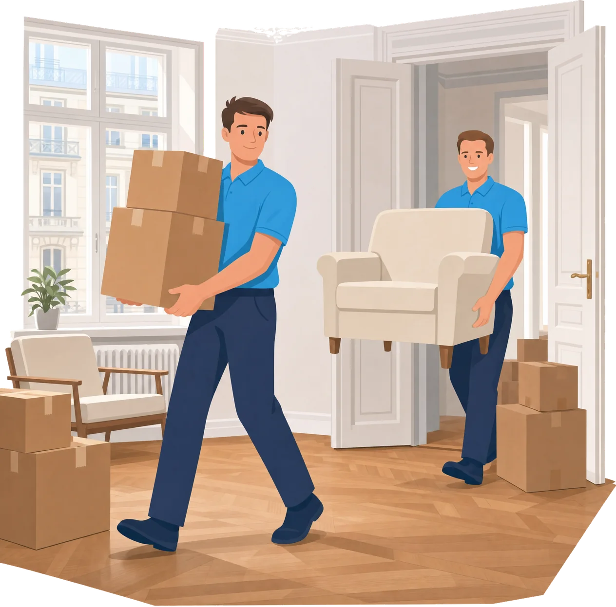 Illustration: Zwei Mitarbeiter in hellblauen Polos tragen Kartons und einen Sessel aus einer hellen Altbauwohnung.