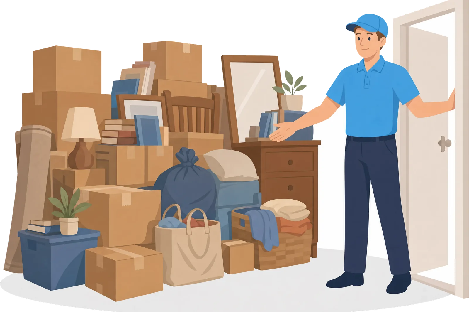 Illustration: Ein Mitarbeiter im blauen Polo öffnet die Tür zu einem vollgestellten Abstellraum mit Kartons, Bildern und Hausrat; Symbolbild, kein echter Sorglos-Auftrag